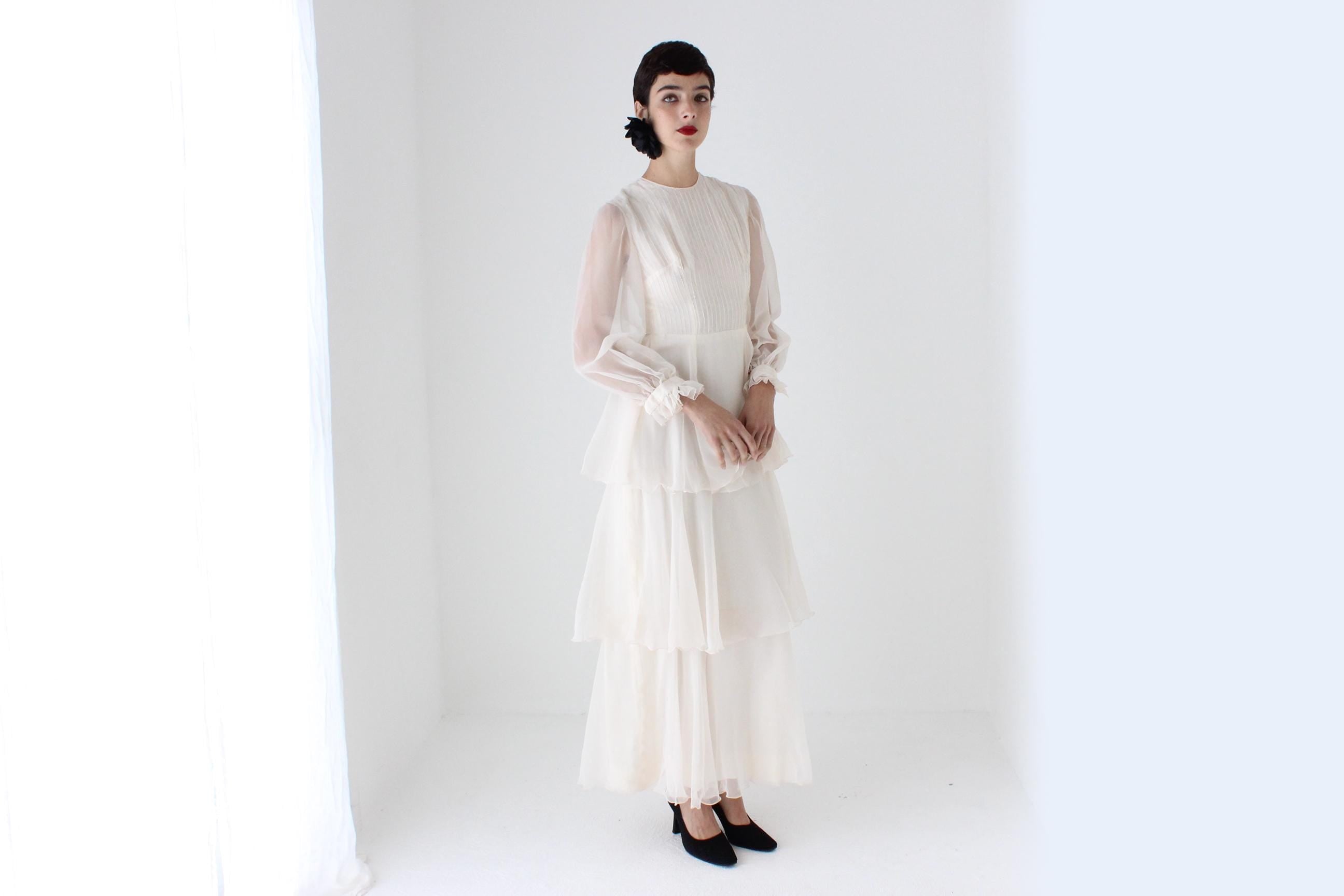 Romantic 70s Pastel Chiffon Tiered Ruffle Wedding Dress