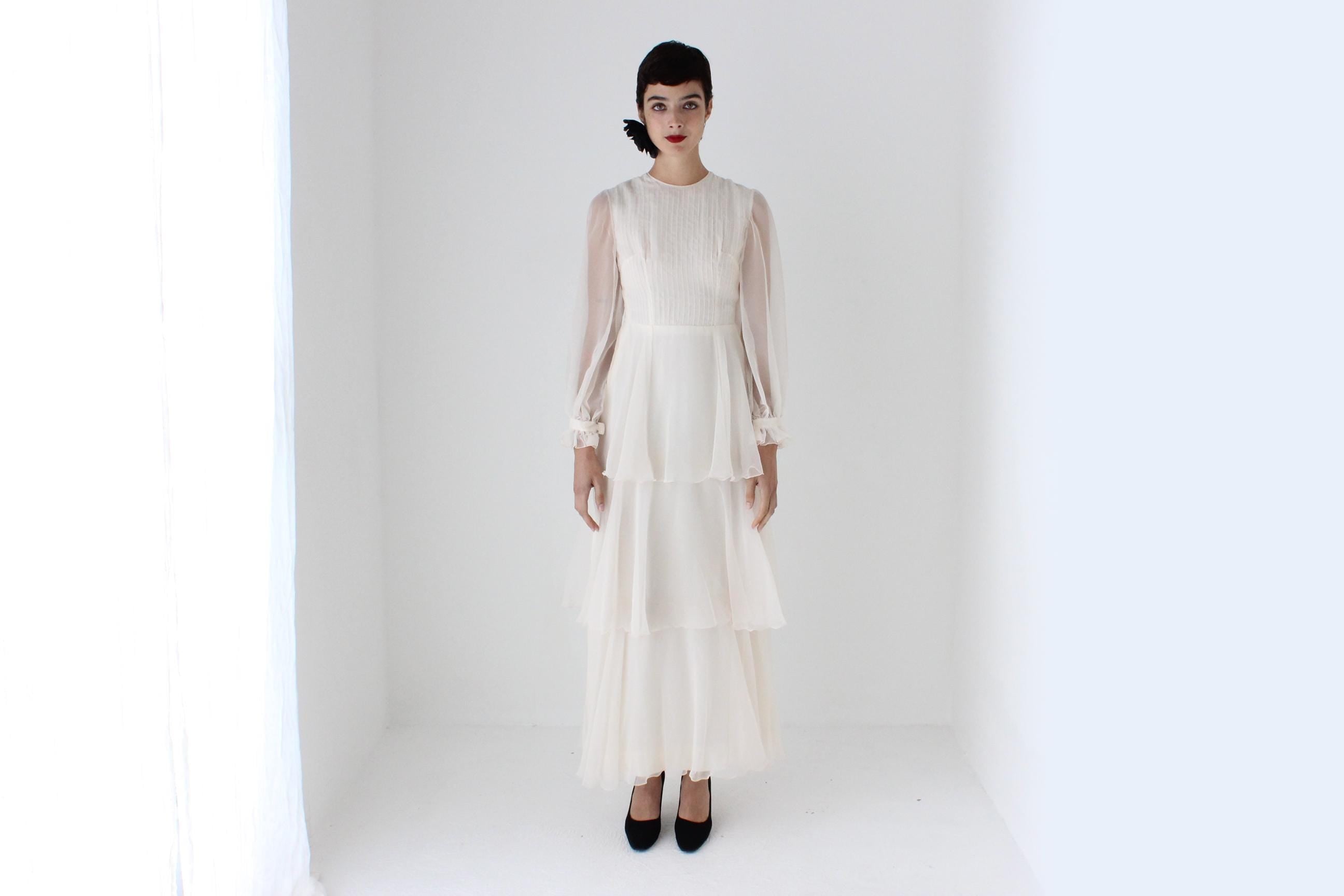 Romantic 70s Pastel Chiffon Tiered Ruffle Wedding Dress