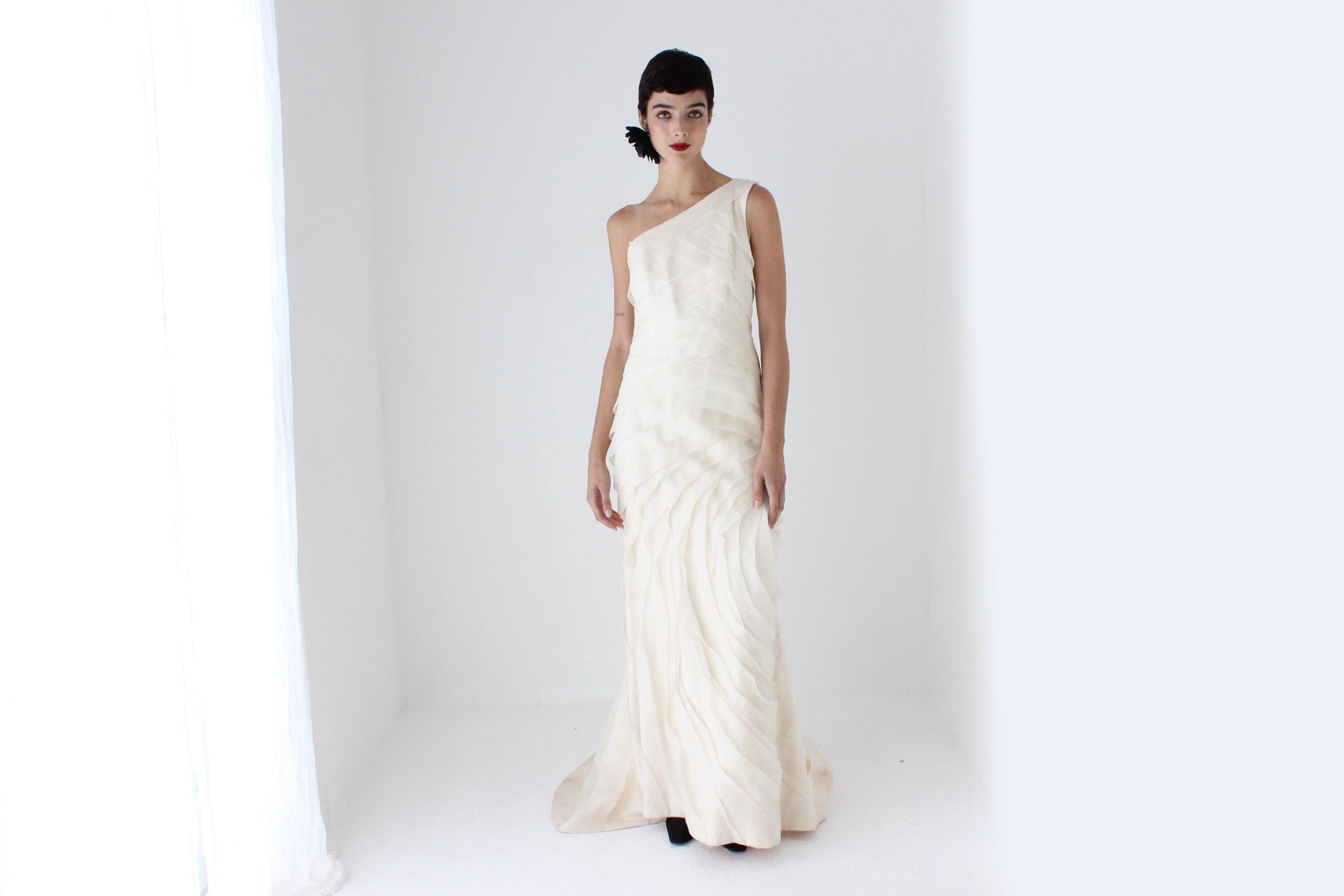 RESERVED — 2000s Textural Pastel Silk Organza Asymmetric One Shoulder Gown