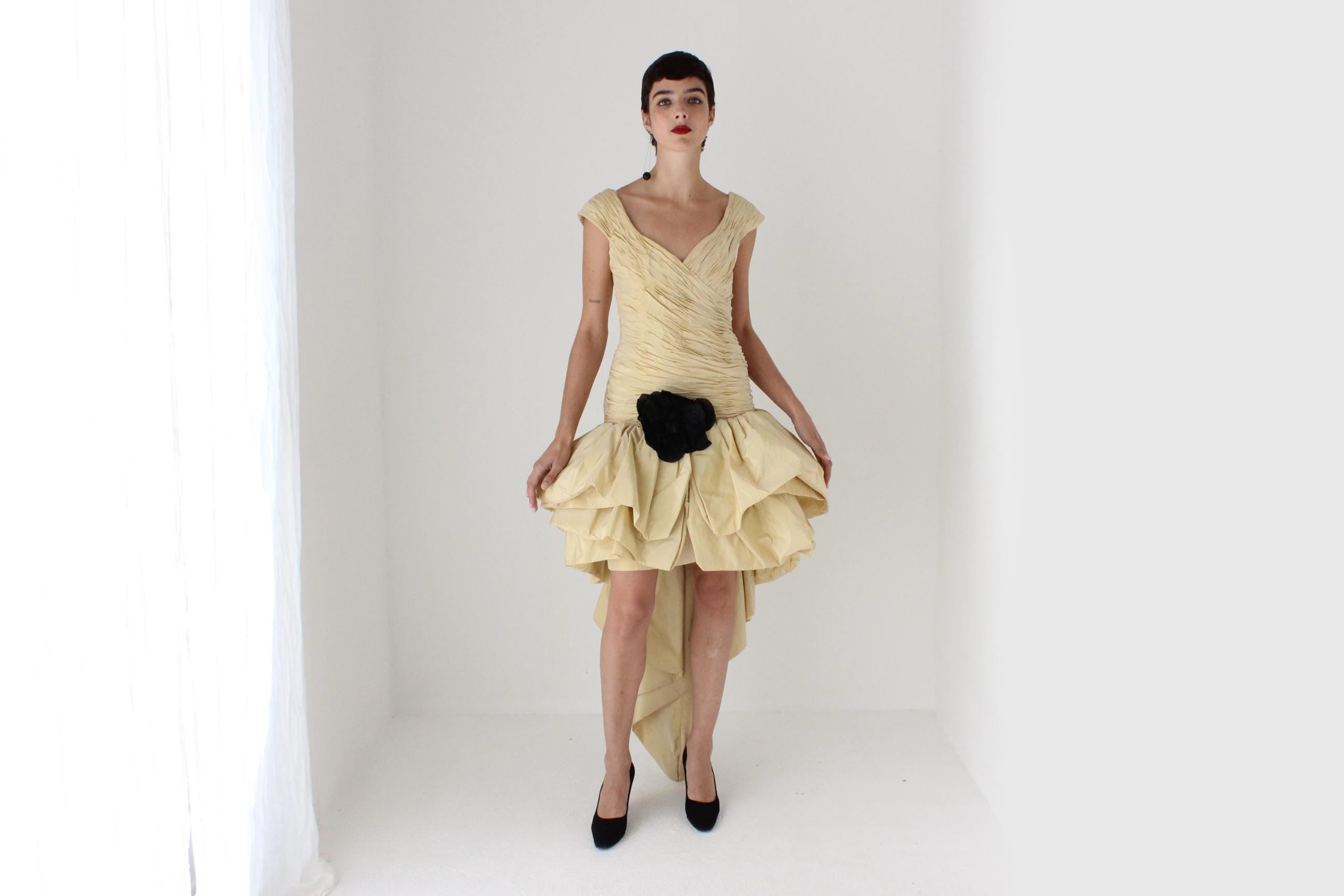 80s LORIS AZZARO Paris Silk Taffeta Drop Waist Puff Dress w/ Silk Flower