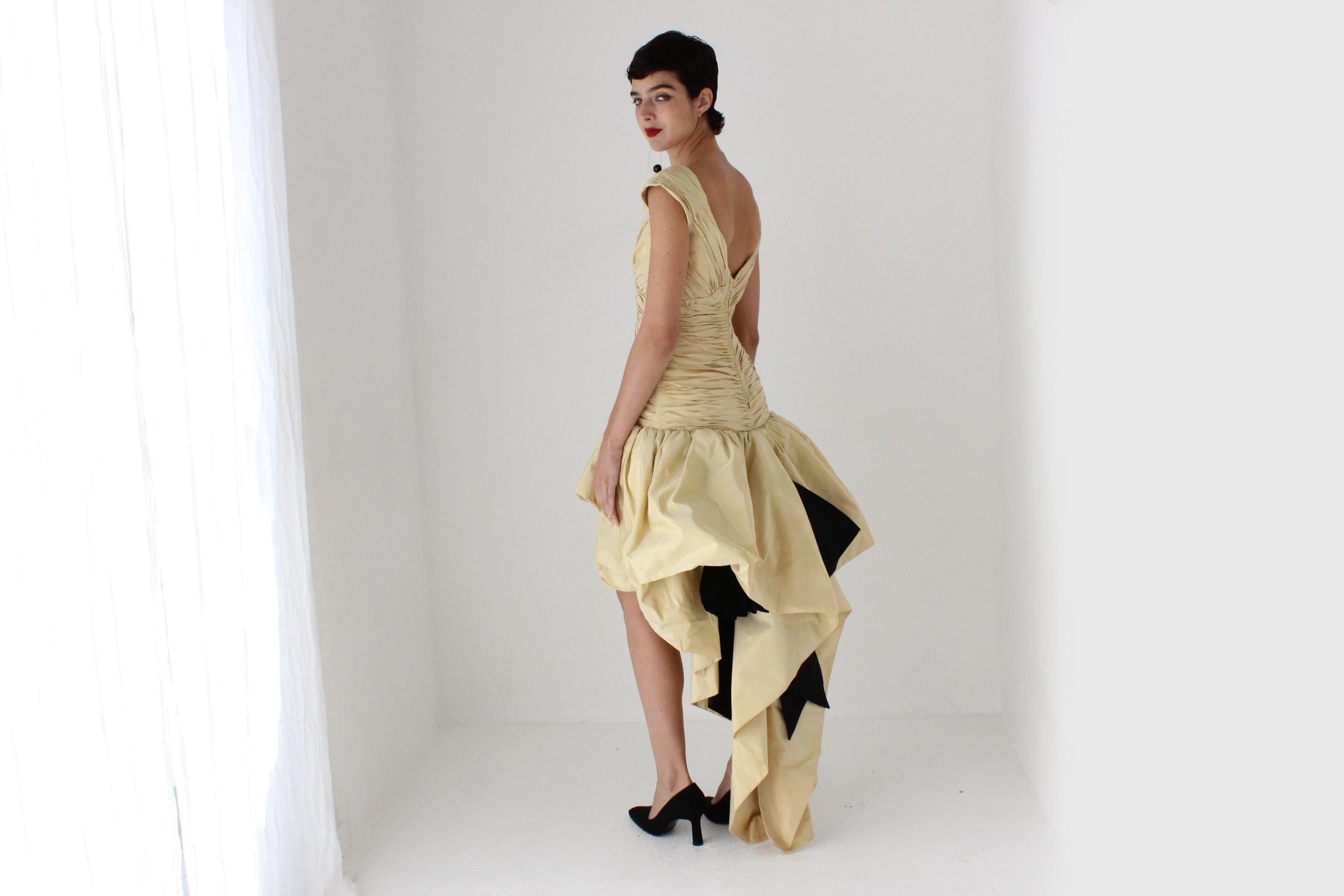80s LORIS AZZARO Paris Silk Taffeta Drop Waist Puff Dress w/ Silk Flower