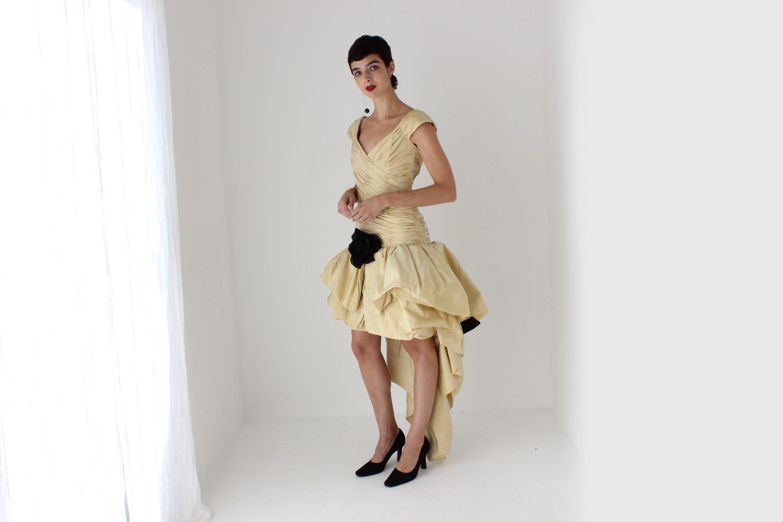 80s LORIS AZZARO Paris Silk Taffeta Drop Waist Puff Dress w/ Silk Flower