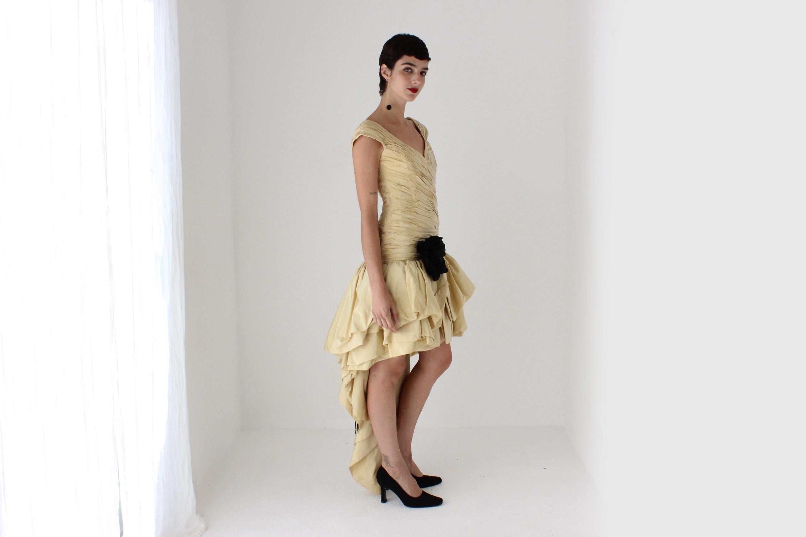 80s LORIS AZZARO Paris Silk Taffeta Drop Waist Puff Dress w/ Silk Flower
