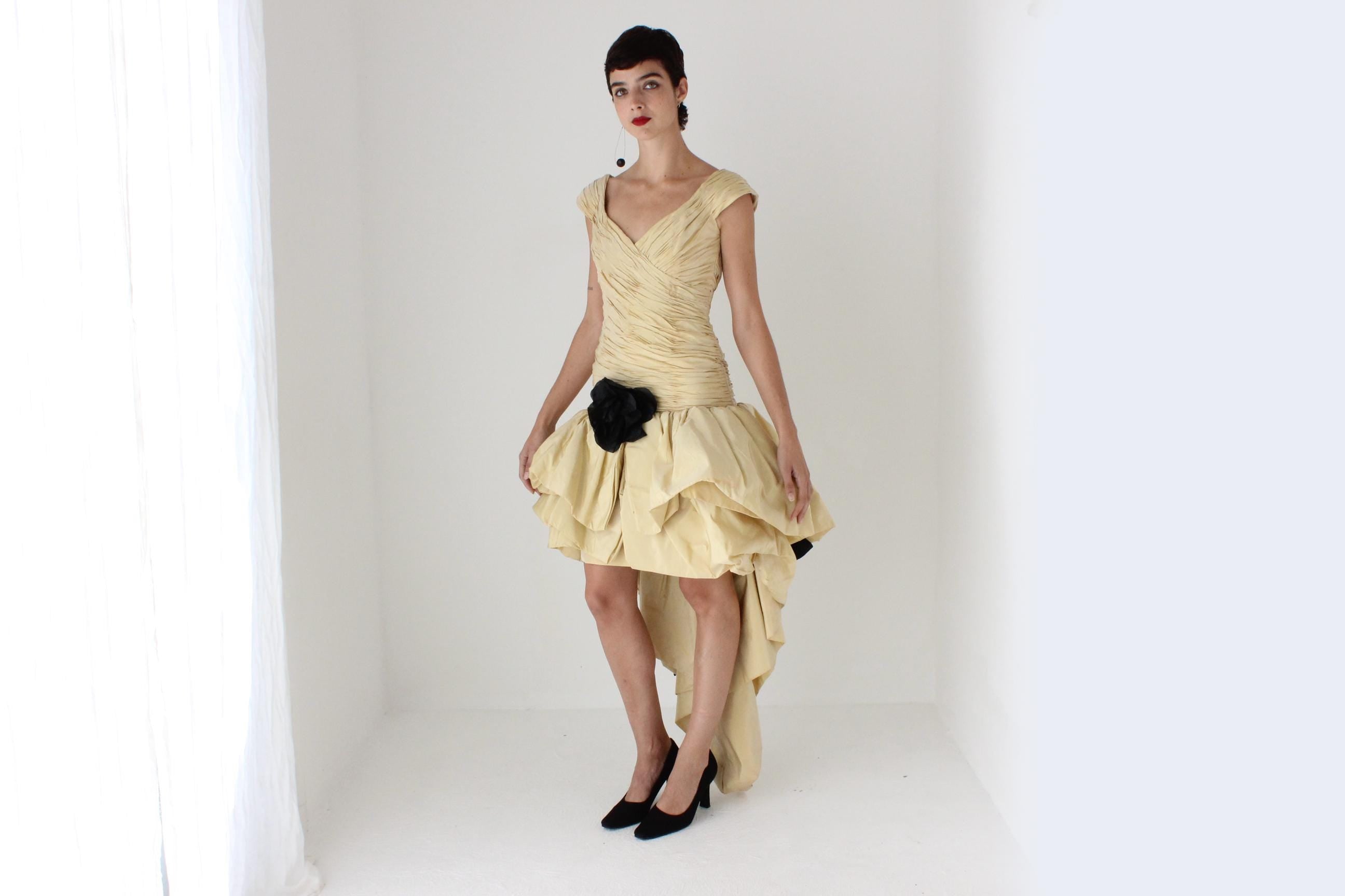 80s LORIS AZZARO Paris Silk Taffeta Drop Waist Puff Dress w/ Silk Flower