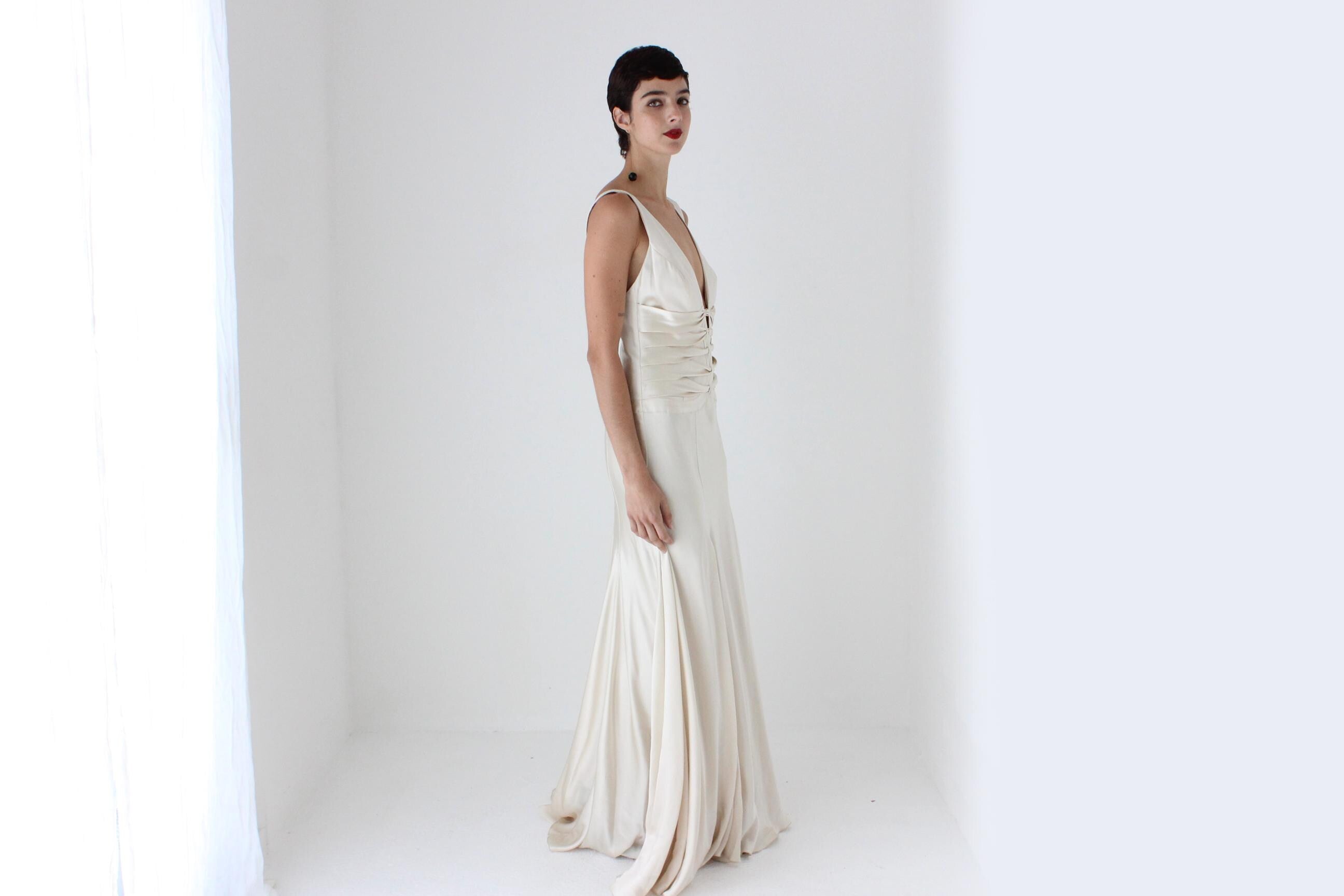 90s Oyster Liquid Silk Plunge Neck Gown w/ 'Ribcage' Ribbons & Train