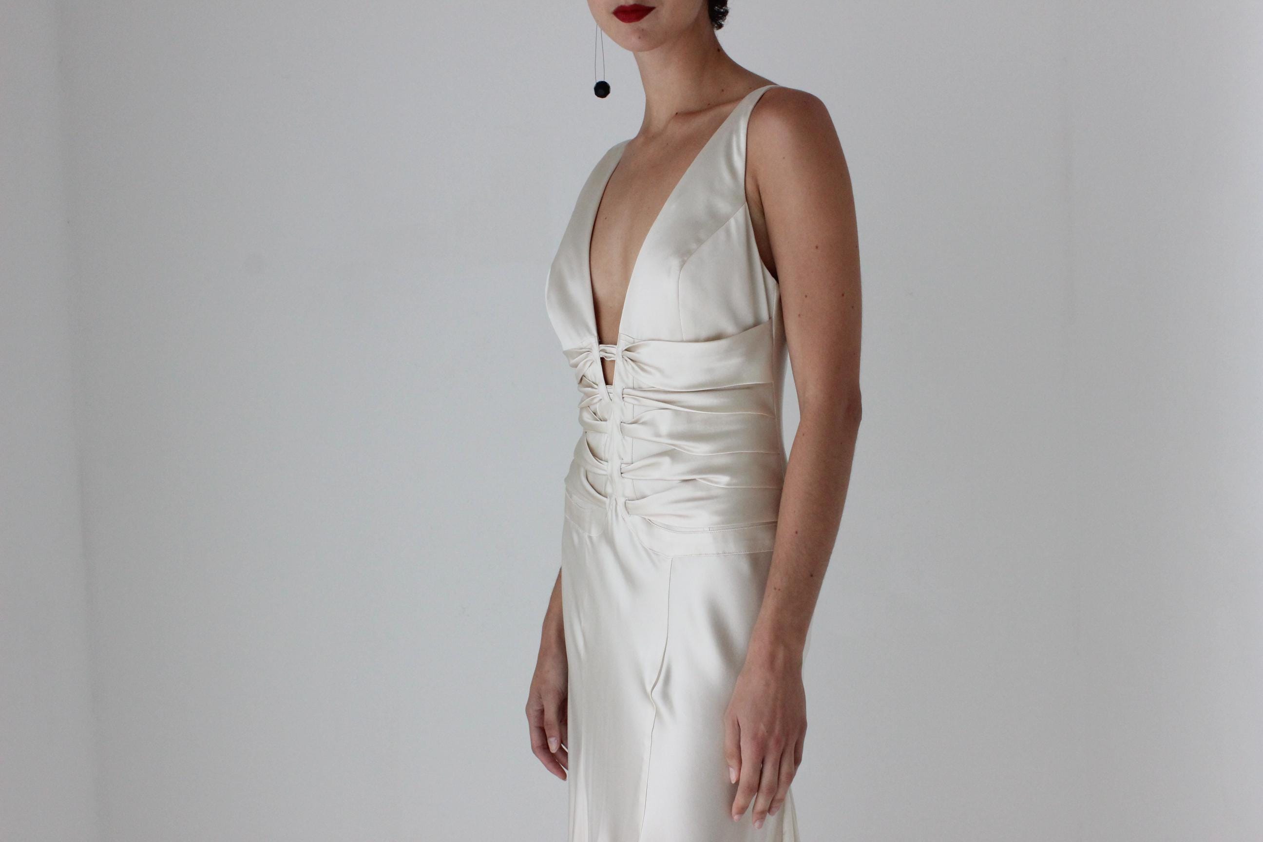 90s Oyster Liquid Silk Plunge Neck Gown w/ 'Ribcage' Ribbons & Train