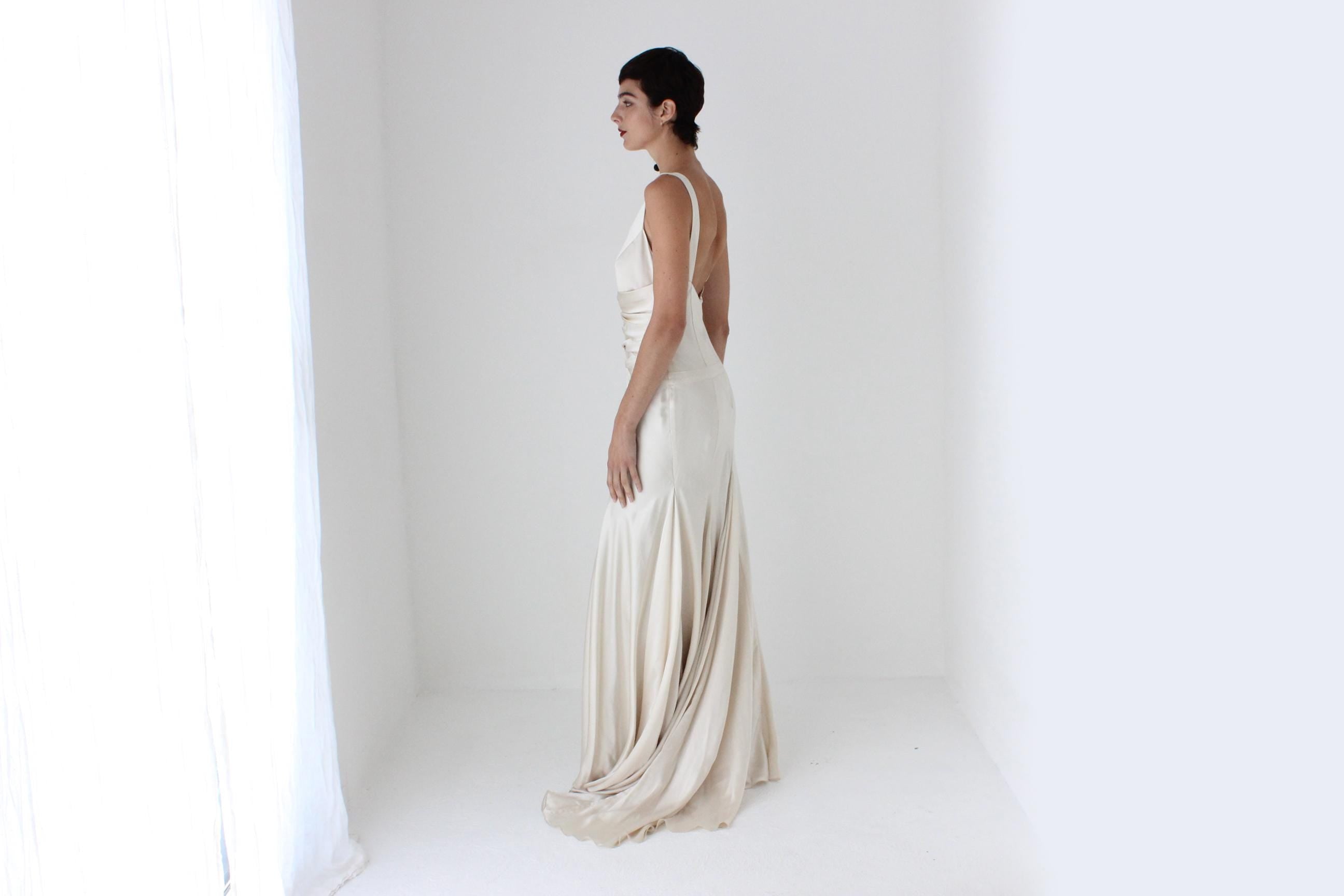 90s Oyster Liquid Silk Plunge Neck Gown w/ 'Ribcage' Ribbons & Train