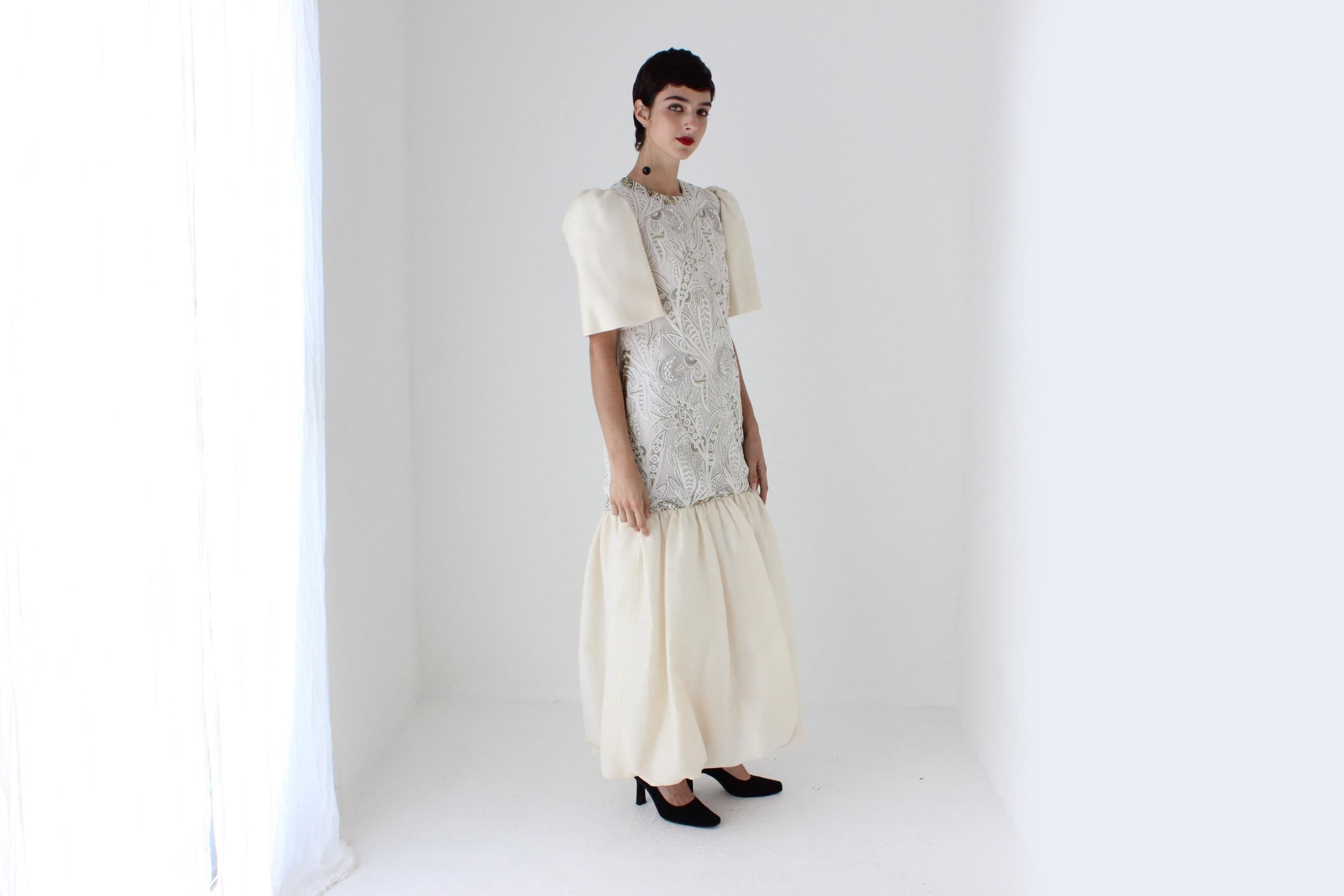80s Mary McFadden Couture Silk Beaded Puff Sleeve / Bubble Dress