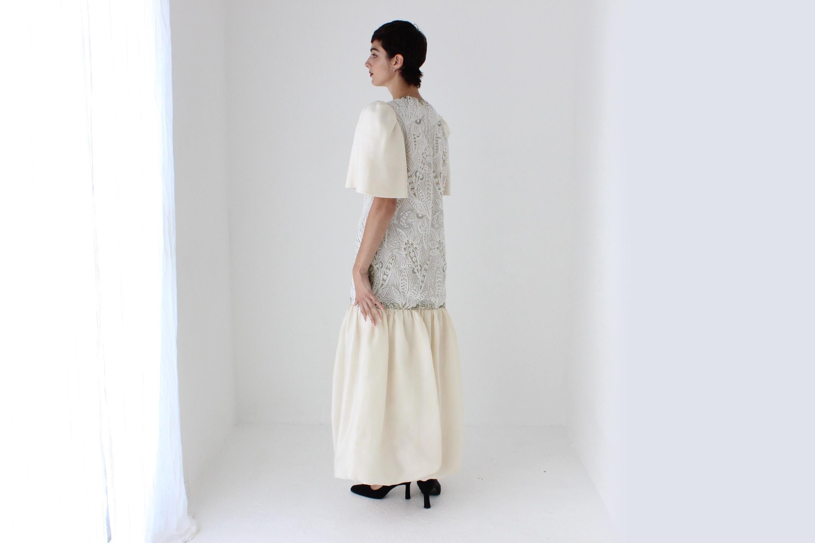 80s Mary McFadden Couture Silk Beaded Puff Sleeve / Bubble Dress