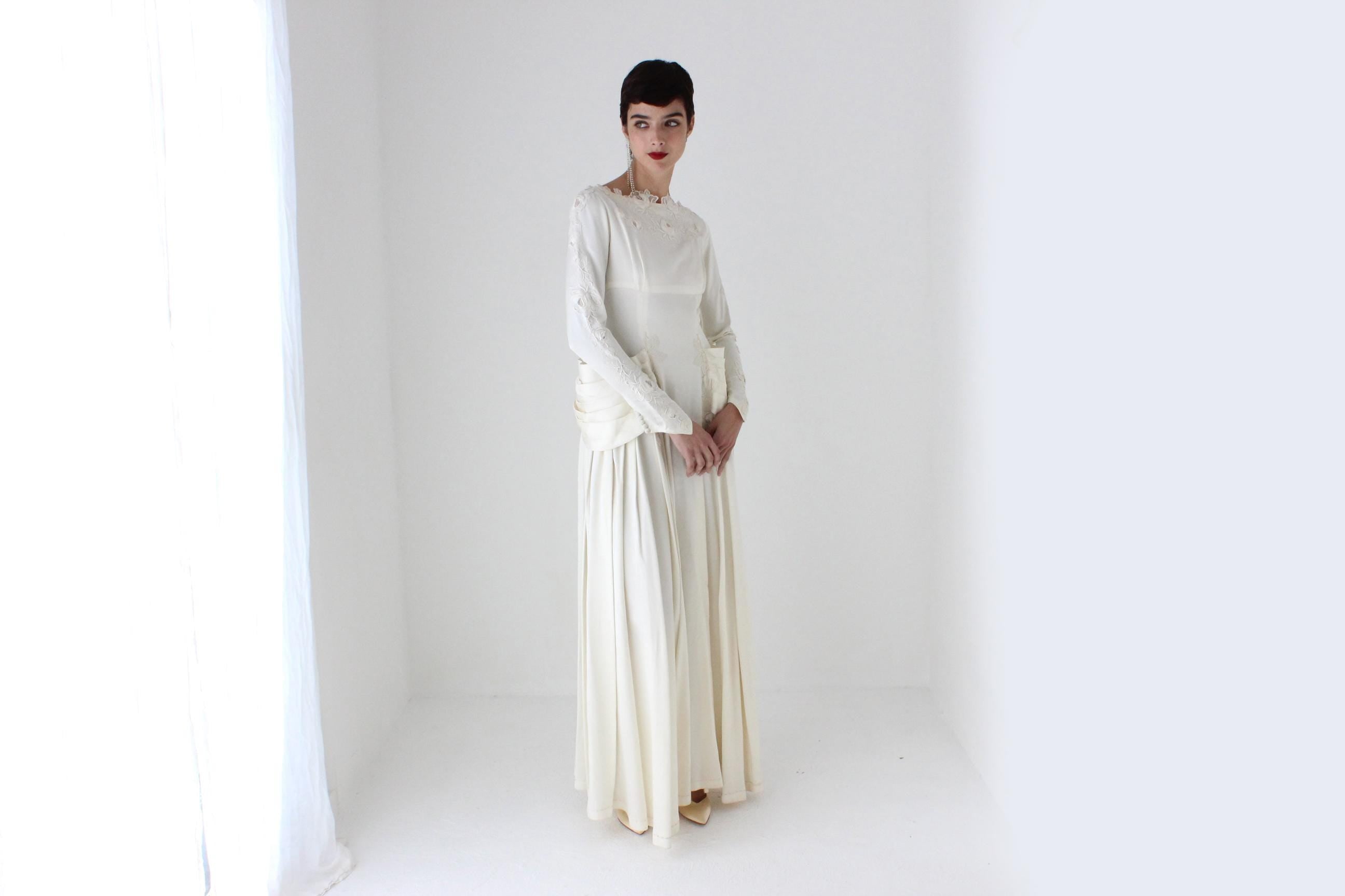 Antique 1940s Bateau Neck Wedding Dress with Floral Lace