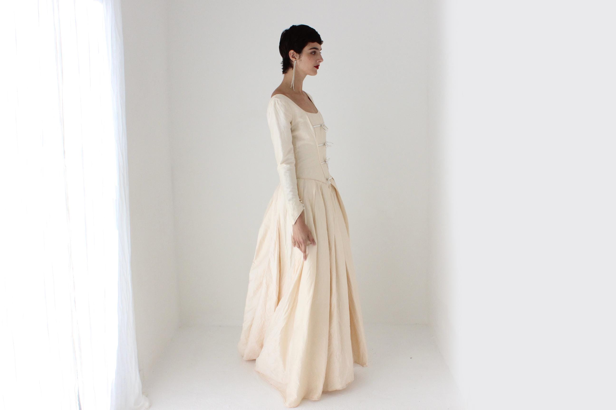 90s Pure Silk Renaissance Bride Basque Waist & Bow Corset Gown