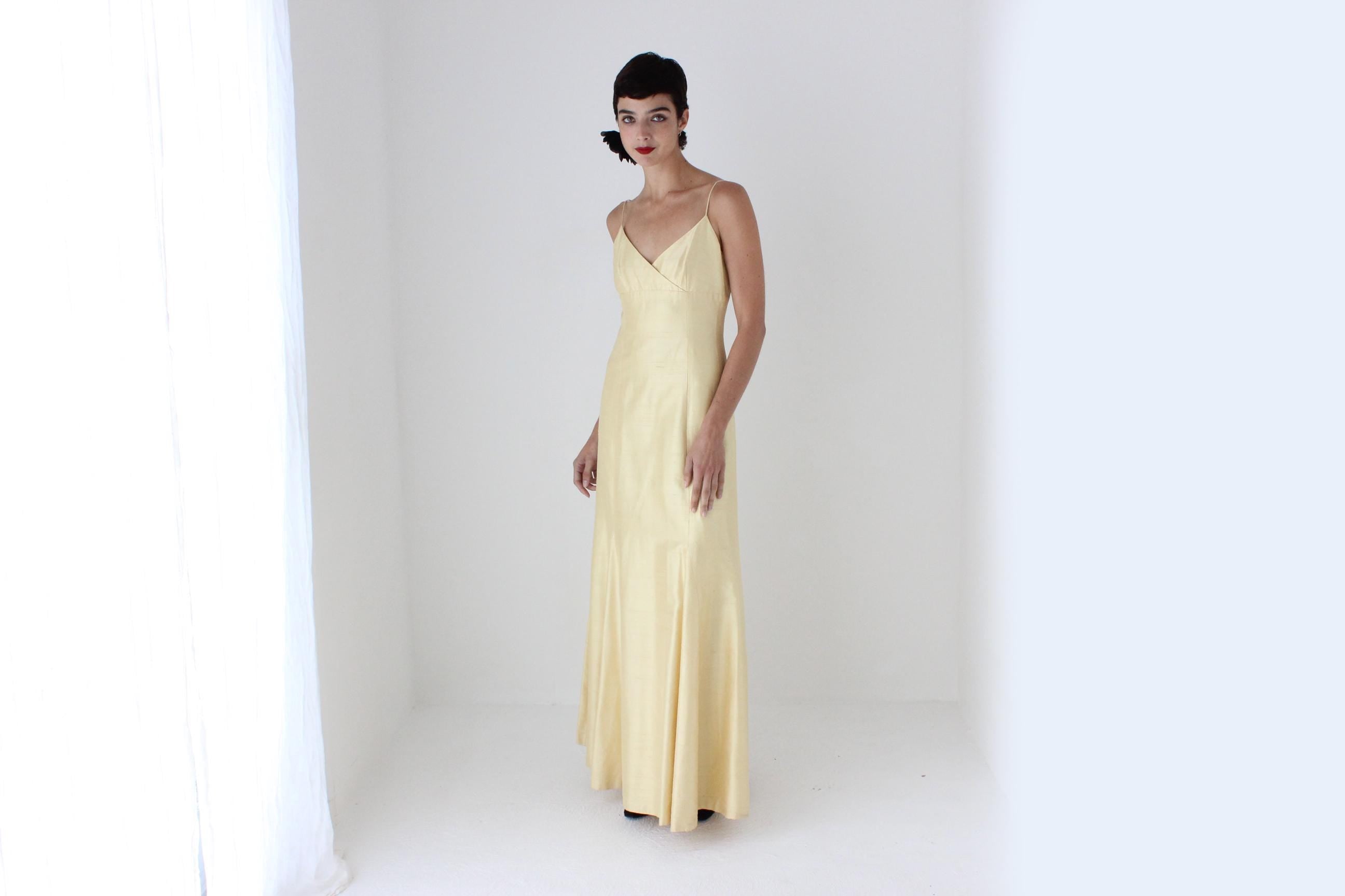2000s Jenny Yoo Raw Silk Yellow Spaghetti Strap Gown