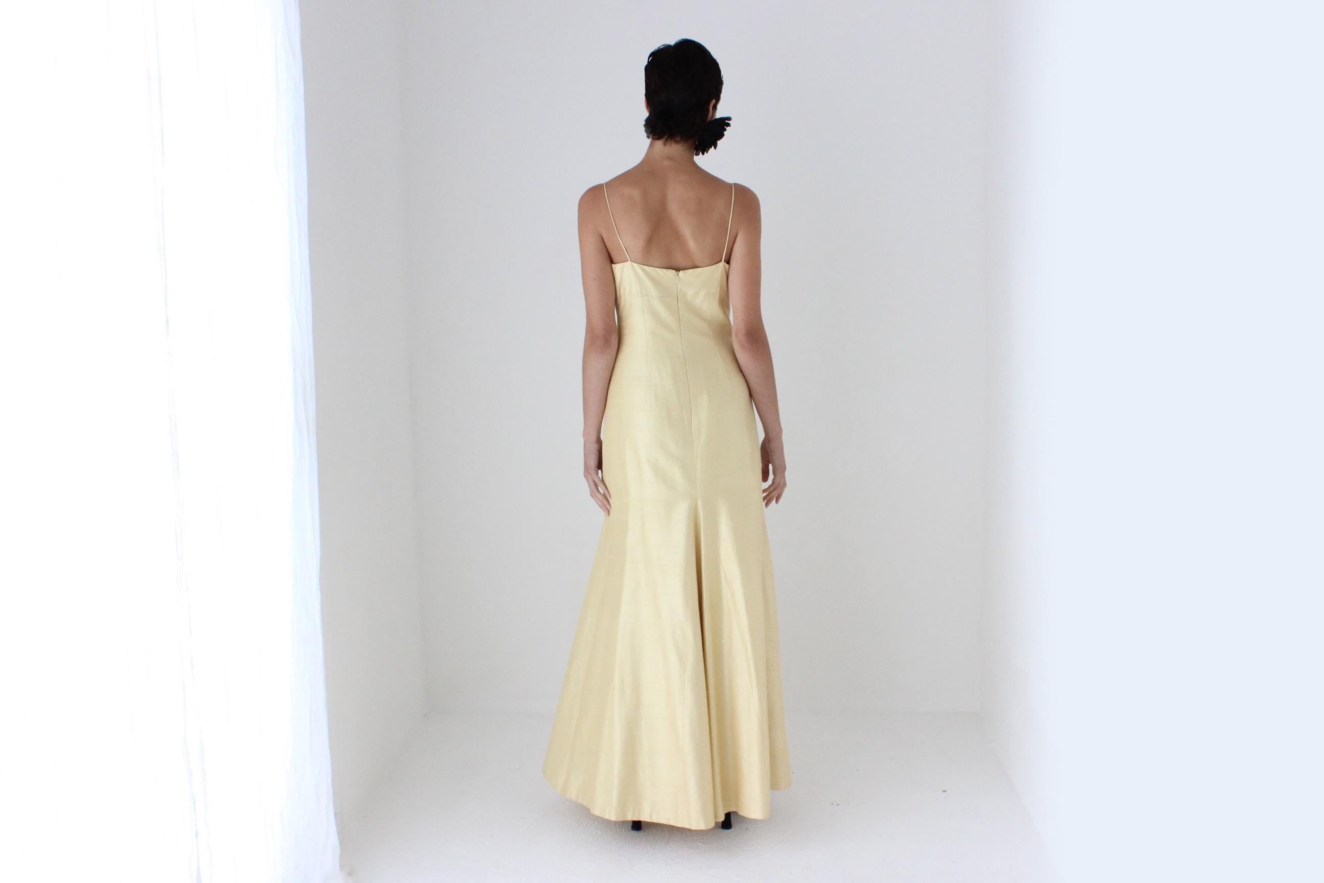 2000s Jenny Yoo Raw Silk Yellow Spaghetti Strap Gown