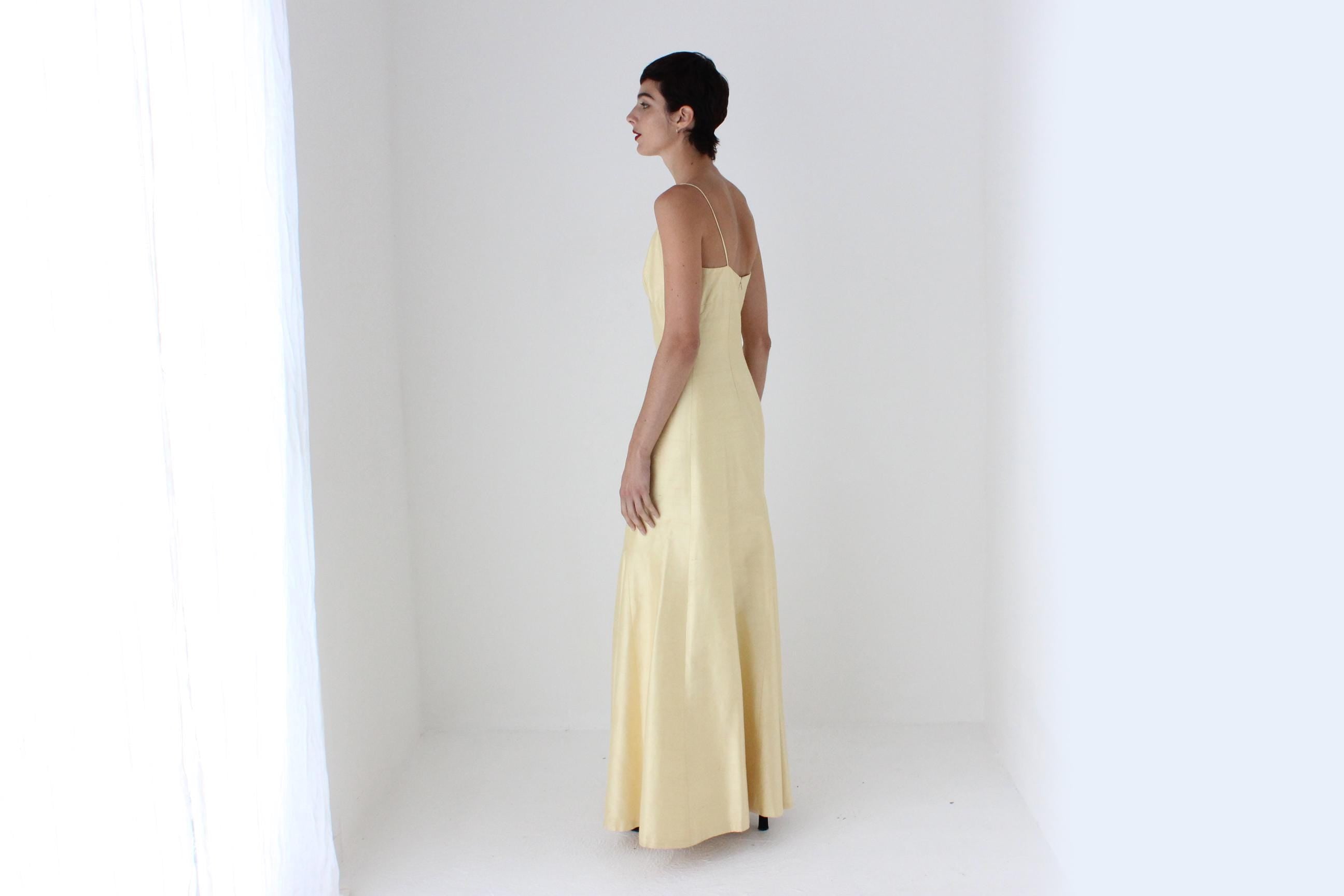 2000s Jenny Yoo Raw Silk Yellow Spaghetti Strap Gown