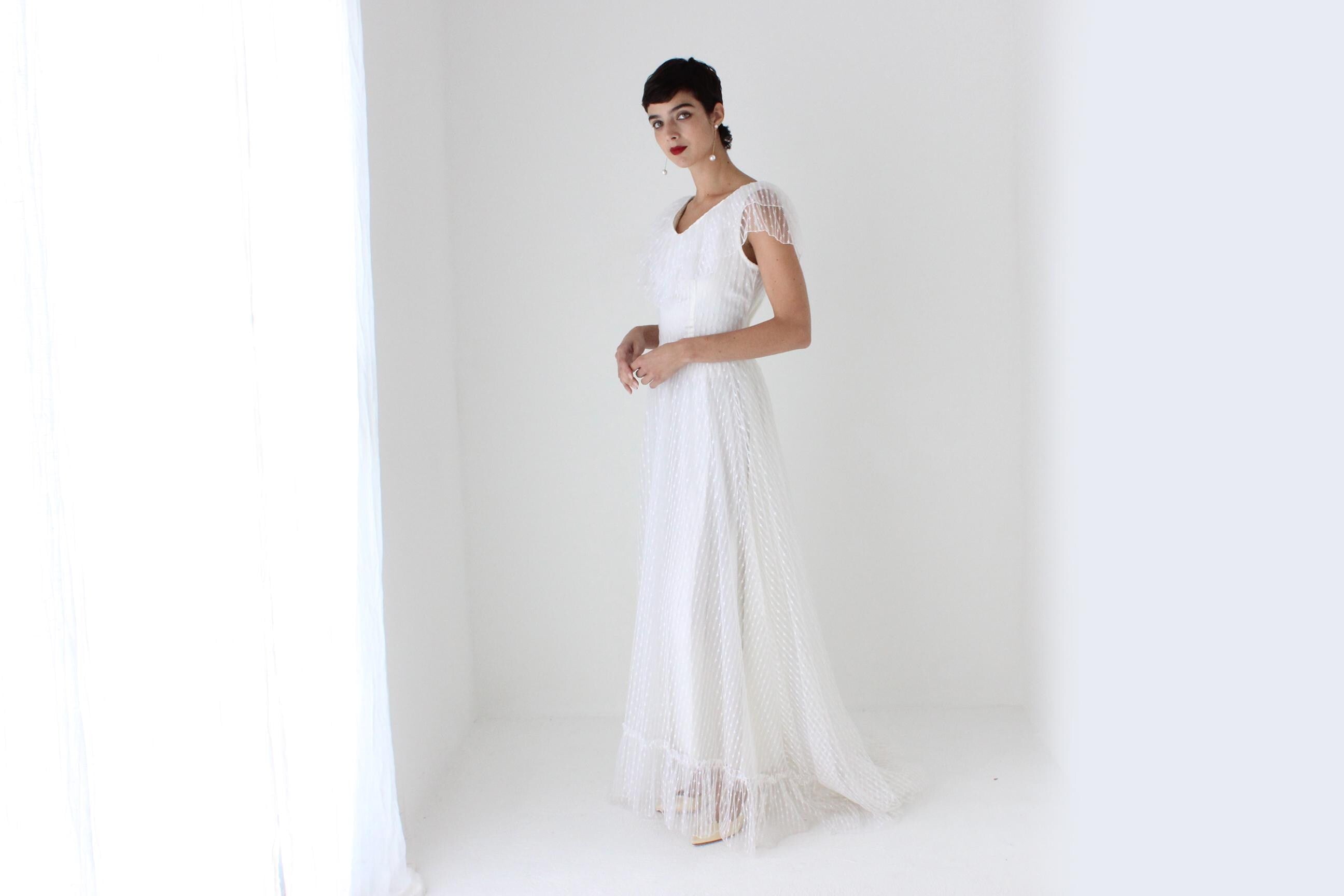 Romantic 70s Lace Flutter Ruffle Wedding Gown w/ Train