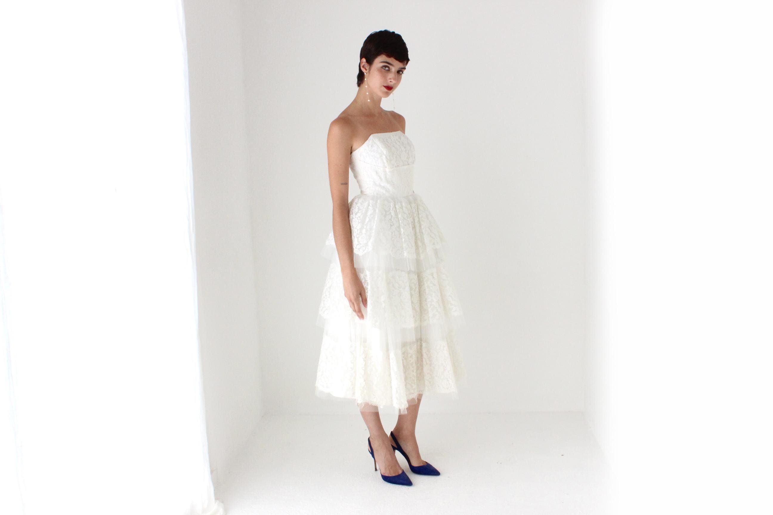 50s Tiered Lace & Tulle Sculptural Strapless Dress
