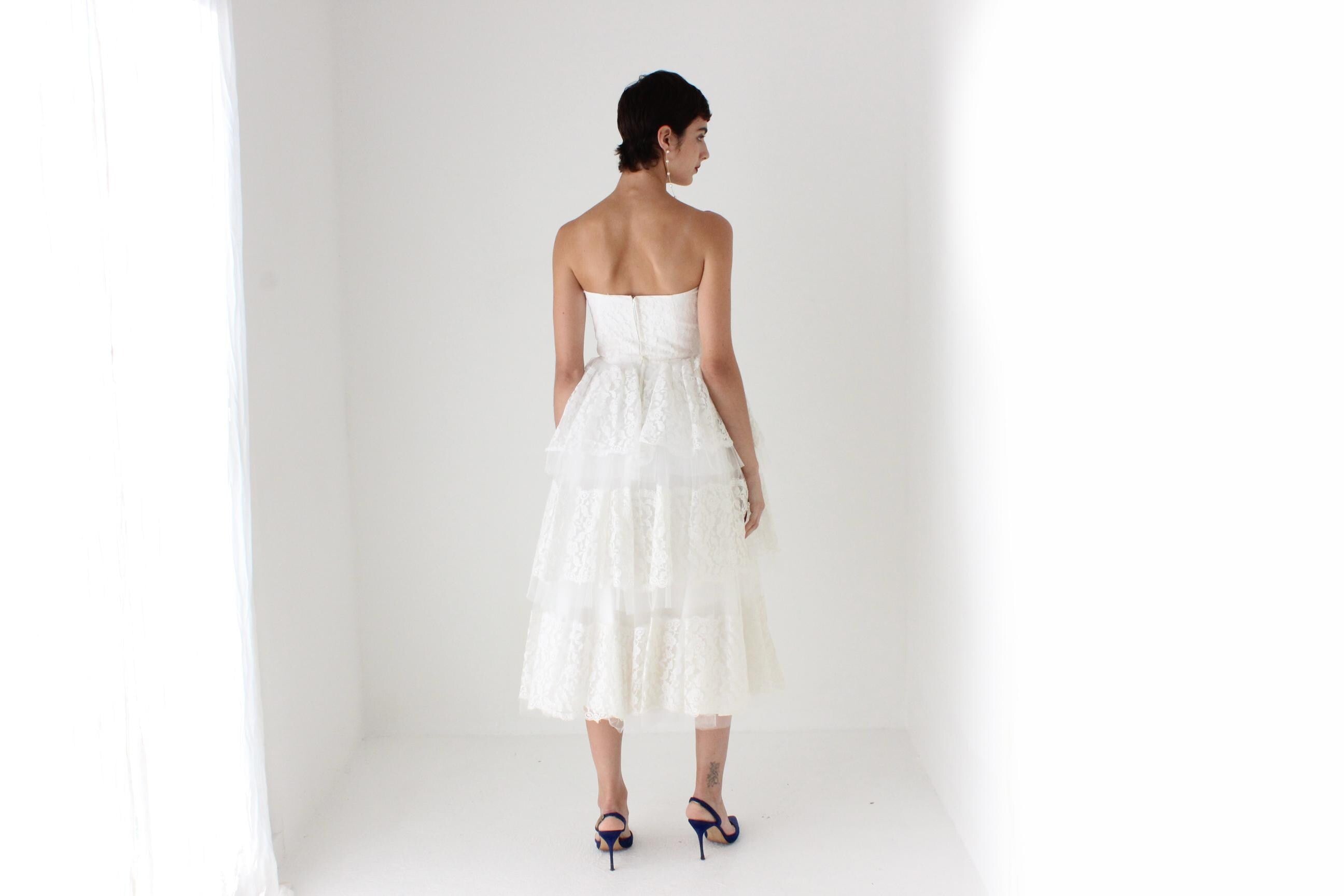 50s Tiered Lace & Tulle Sculptural Strapless Dress