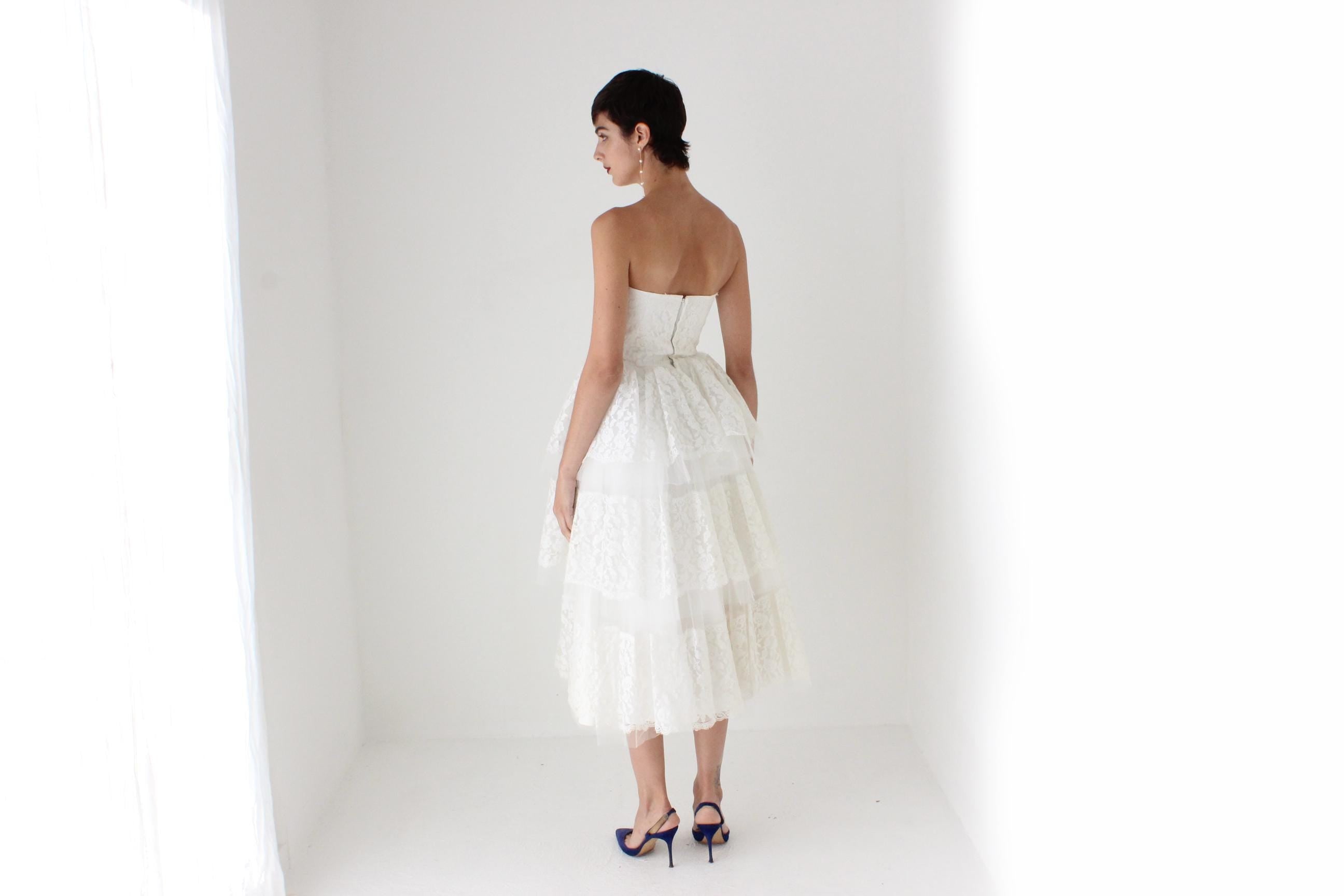 50s Tiered Lace & Tulle Sculptural Strapless Dress