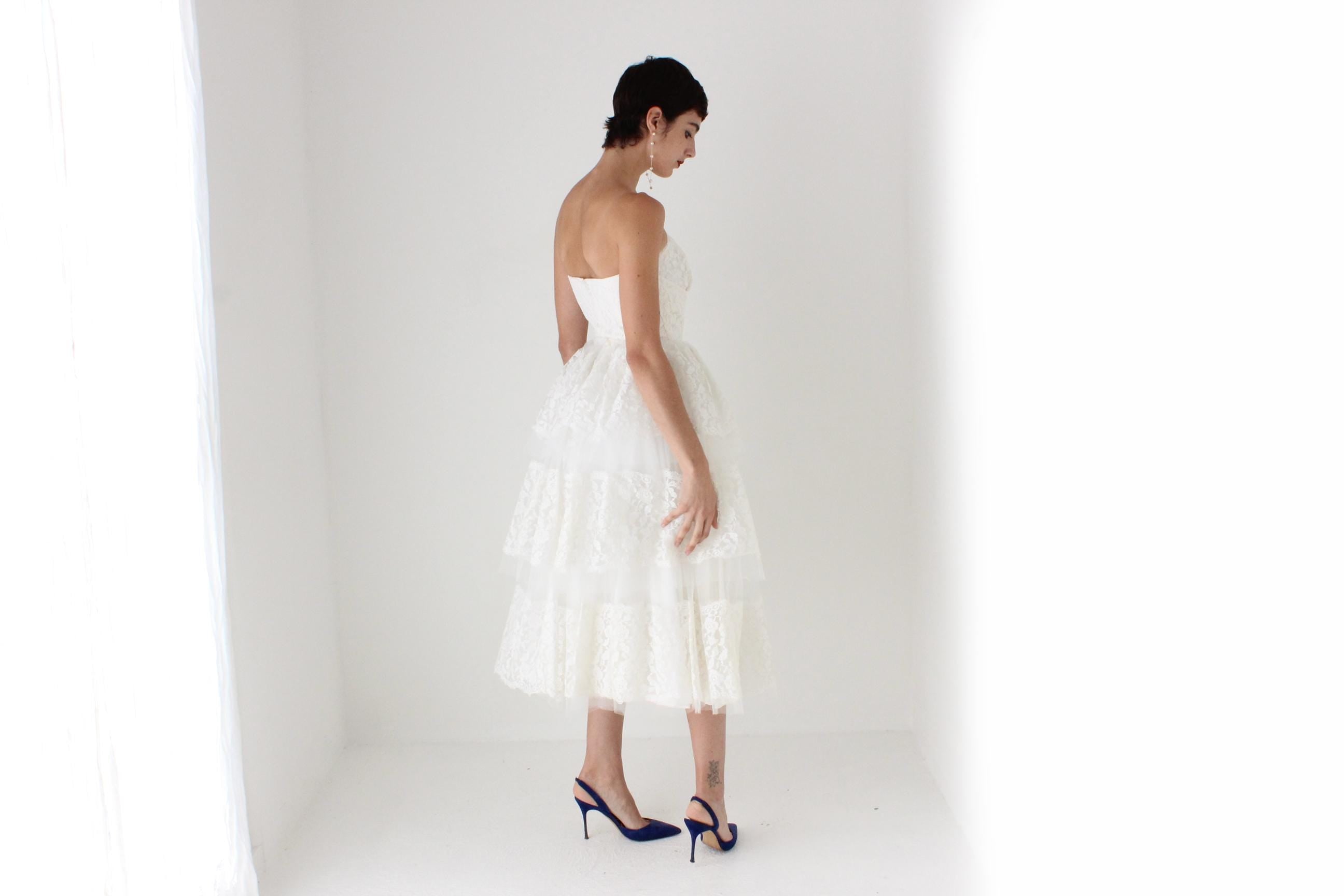 50s Tiered Lace & Tulle Sculptural Strapless Dress