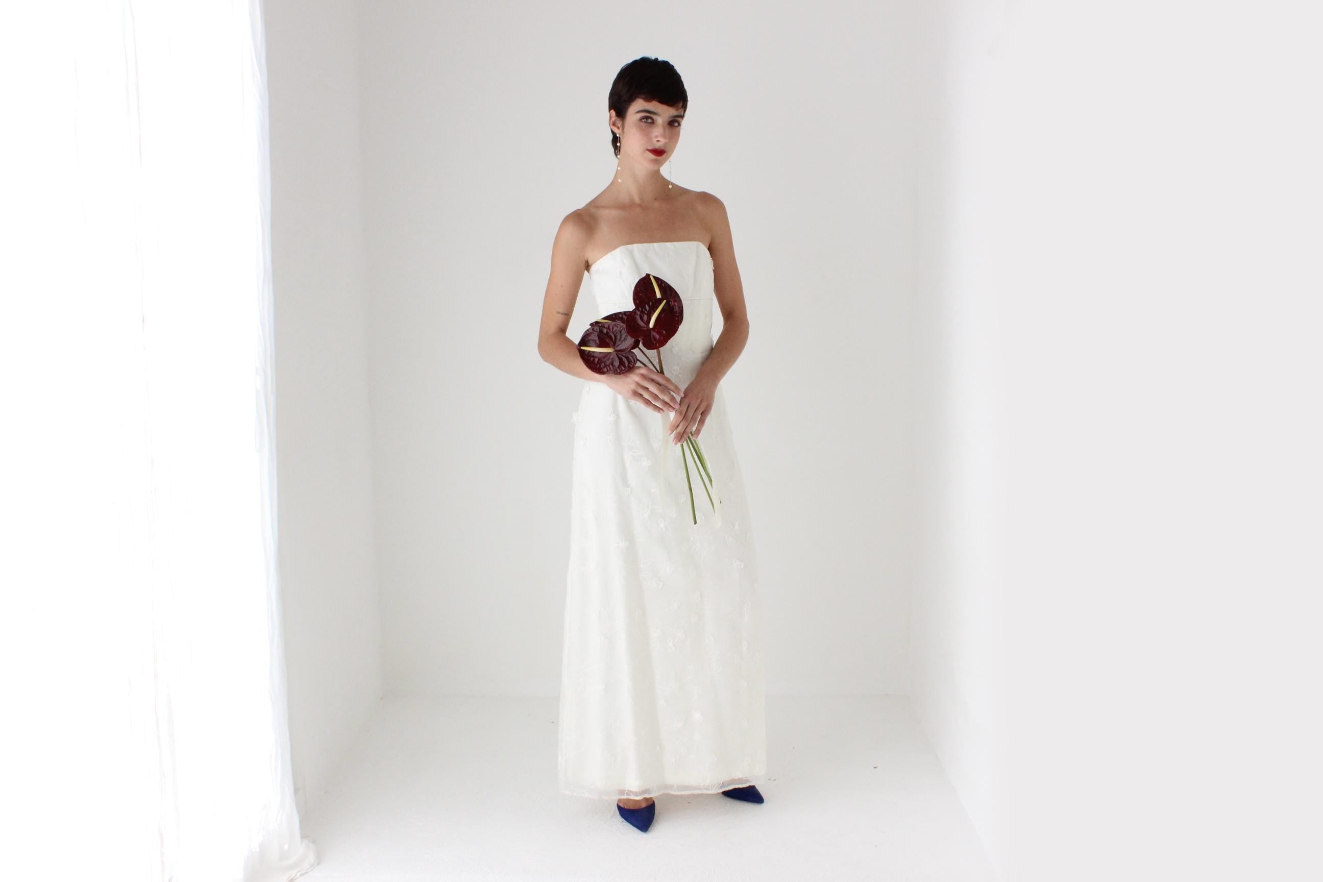 2000s Nicole Miller Silk Organza Strapless Column Gown w/ 3D Flowers