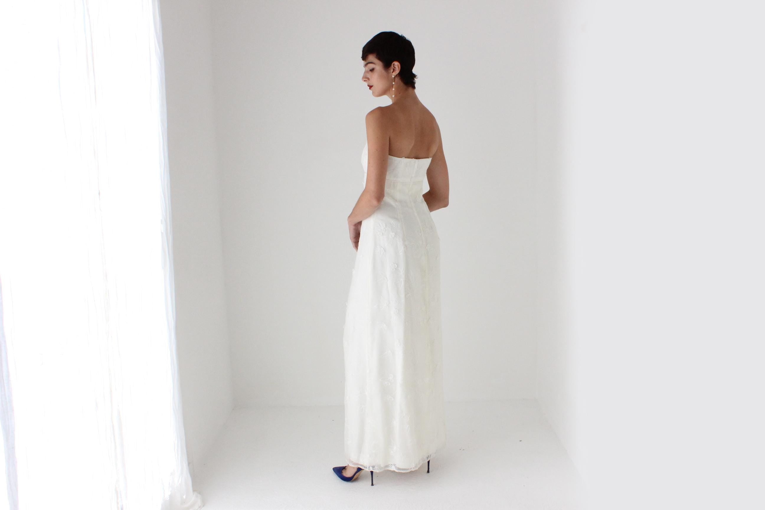 2000s Nicole Miller Silk Organza Strapless Column Gown w/ 3D Flowers