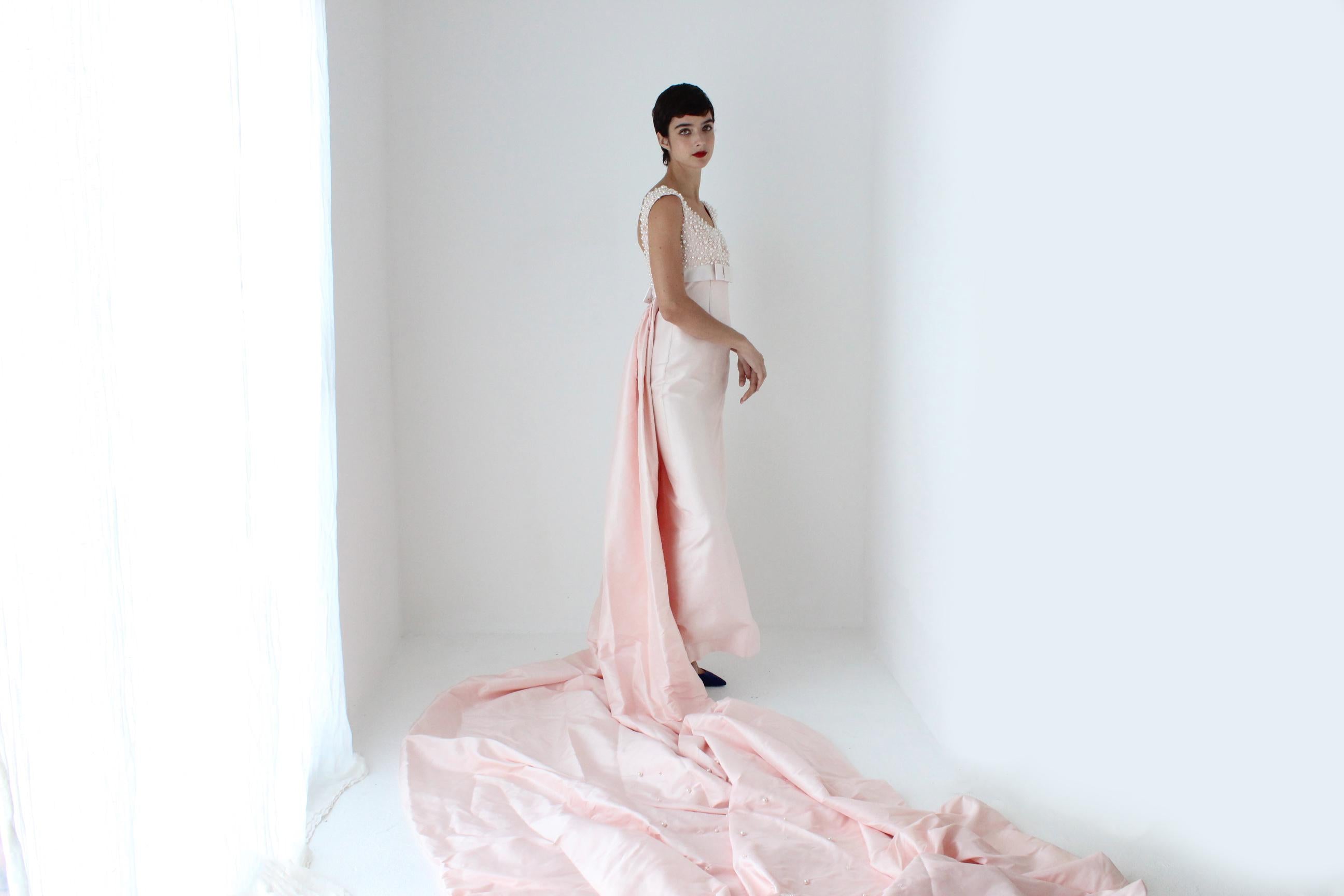 Custom 90s Thai Silk, Pearl & Swarovski Pastel Pink Wedding Gown w/ 10m Veil + Train