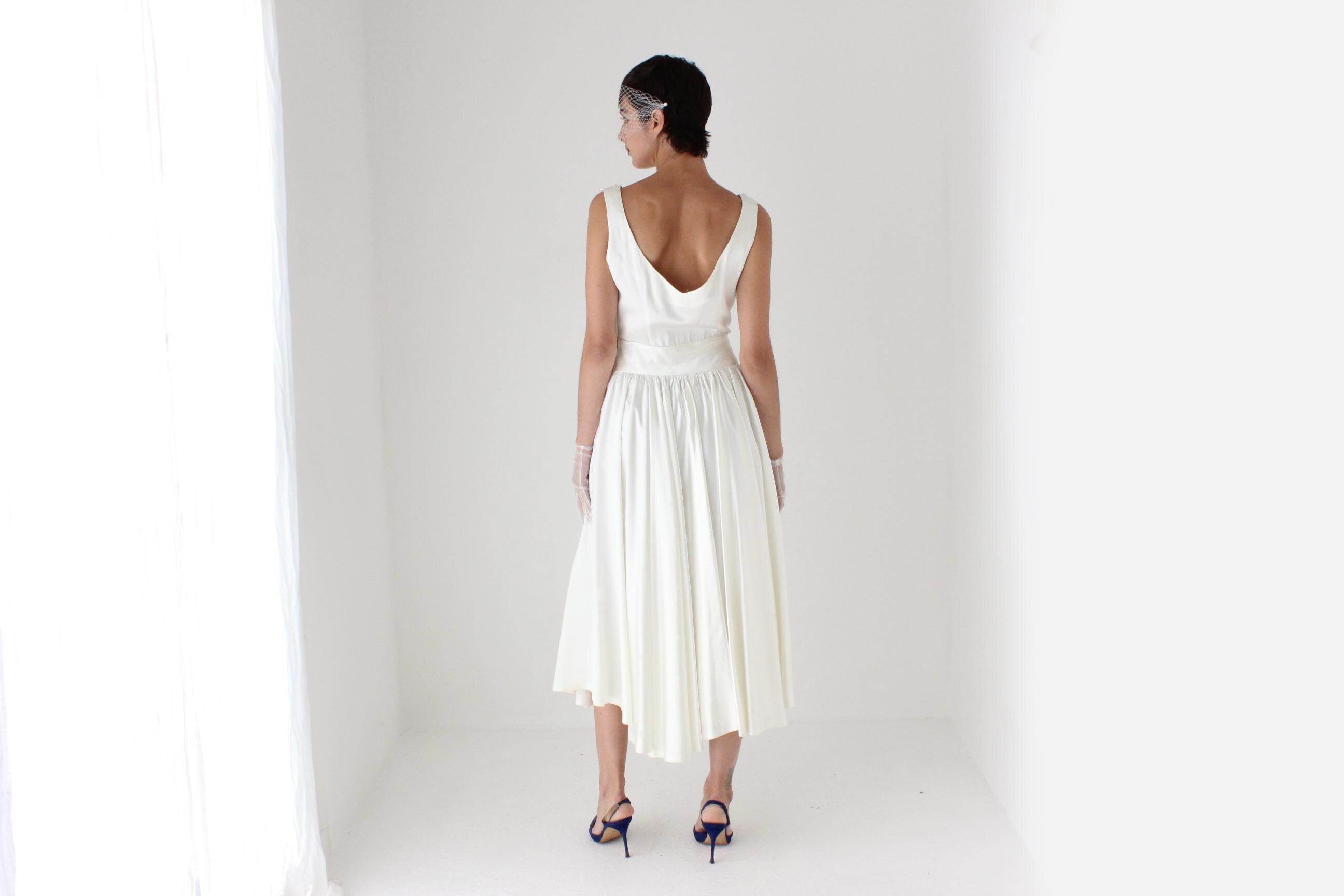 80s Does 50s Satin Full Circle Skirt Dress w/ Pearls