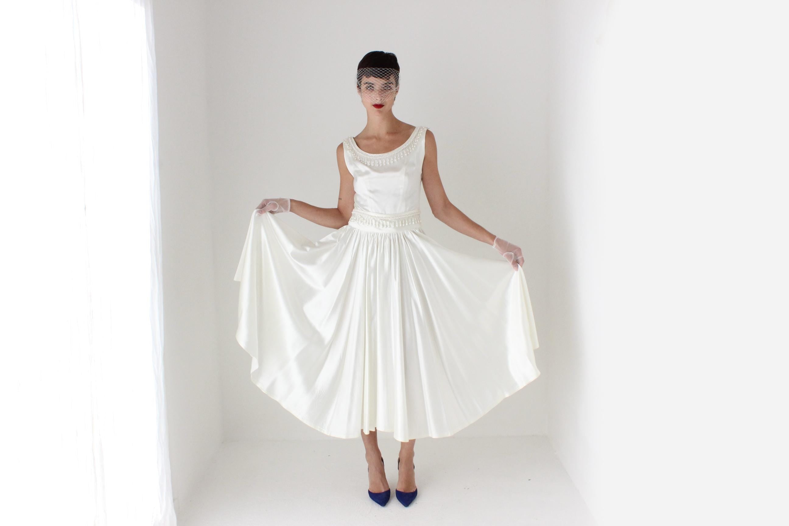 80s Does 50s Satin Full Circle Skirt Dress w/ Pearls