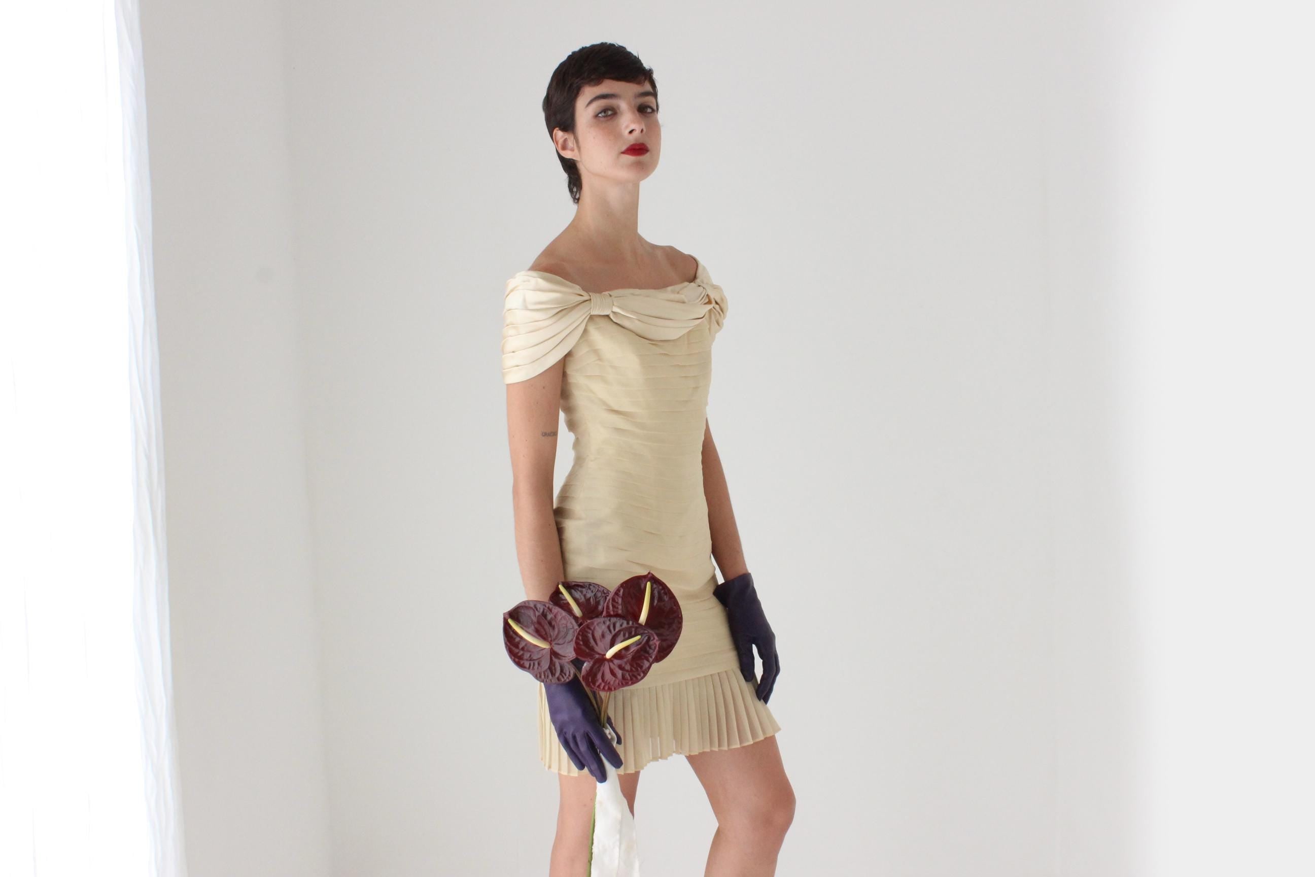 90s Roland Nivelais Textural Silk Draped Goddess Mini