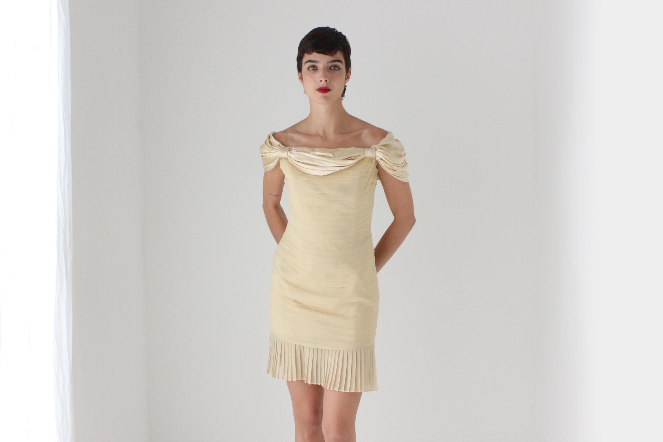 90s Roland Nivelais Textural Silk Draped Goddess Mini