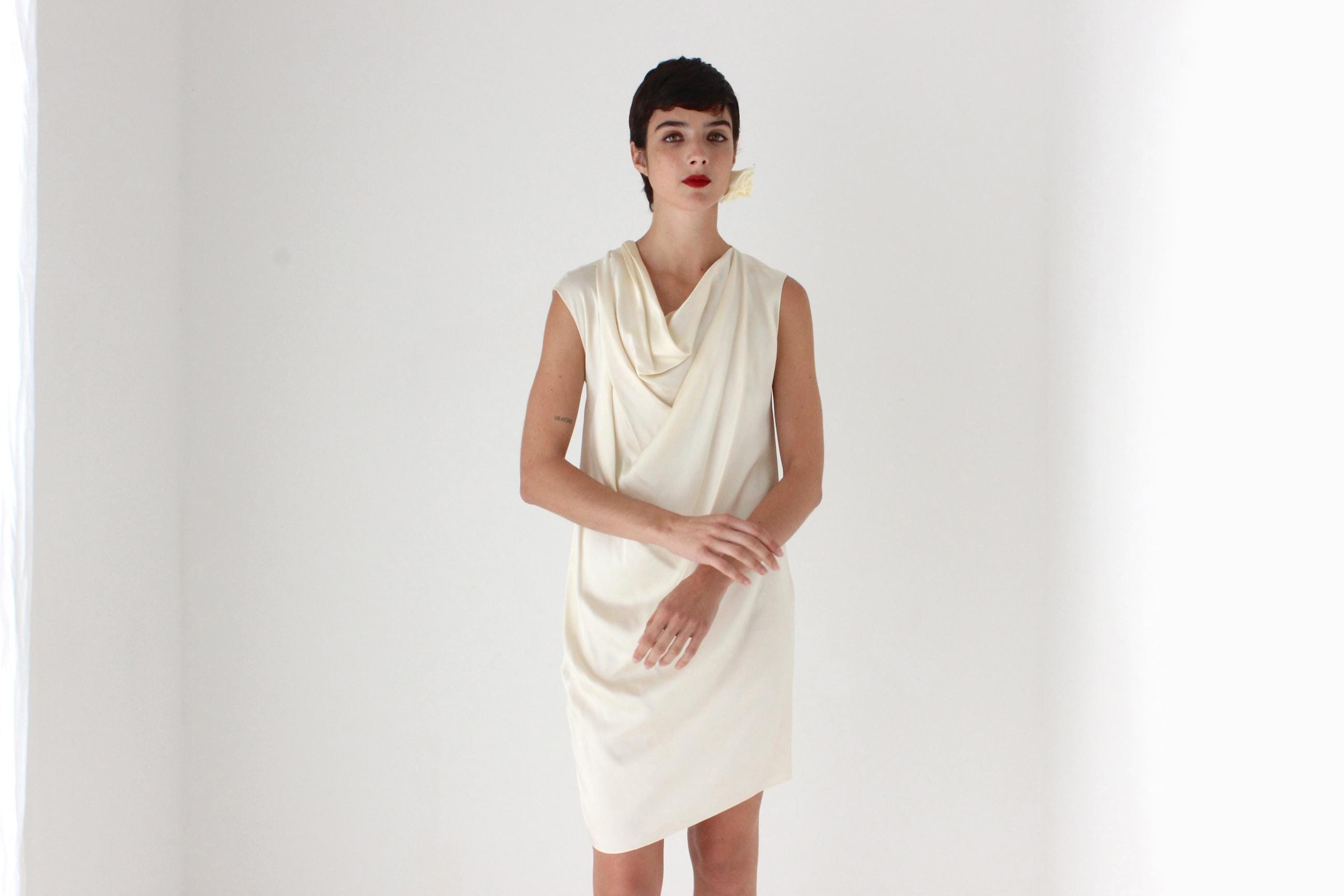 2017 LANVIN Paris Draped Ivory Satin Cowl Neck Bridal Mini