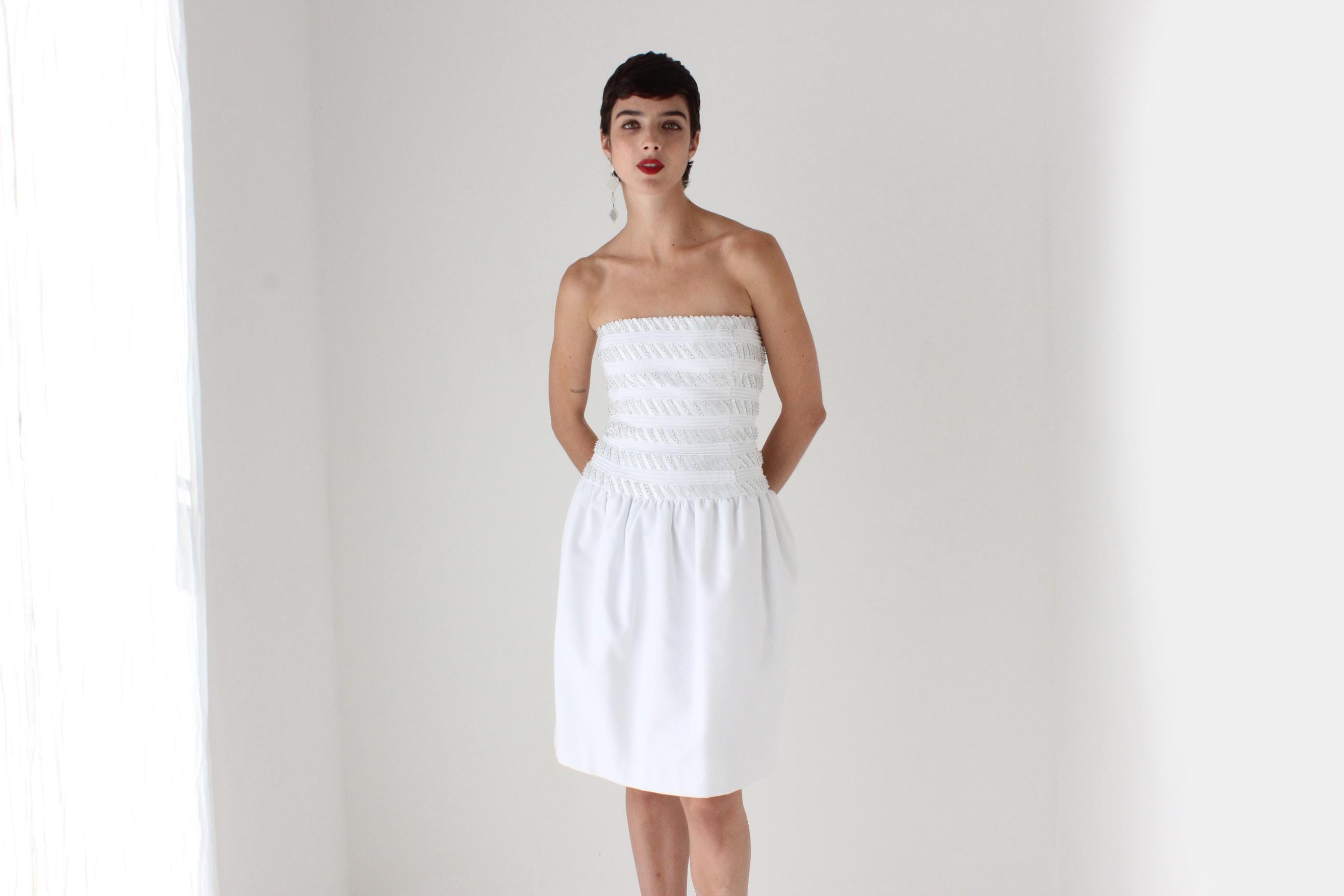 80s Victoria Royal Textured Cotton & Detailed Beading Drop Waist Strapless Cocktail Dress
