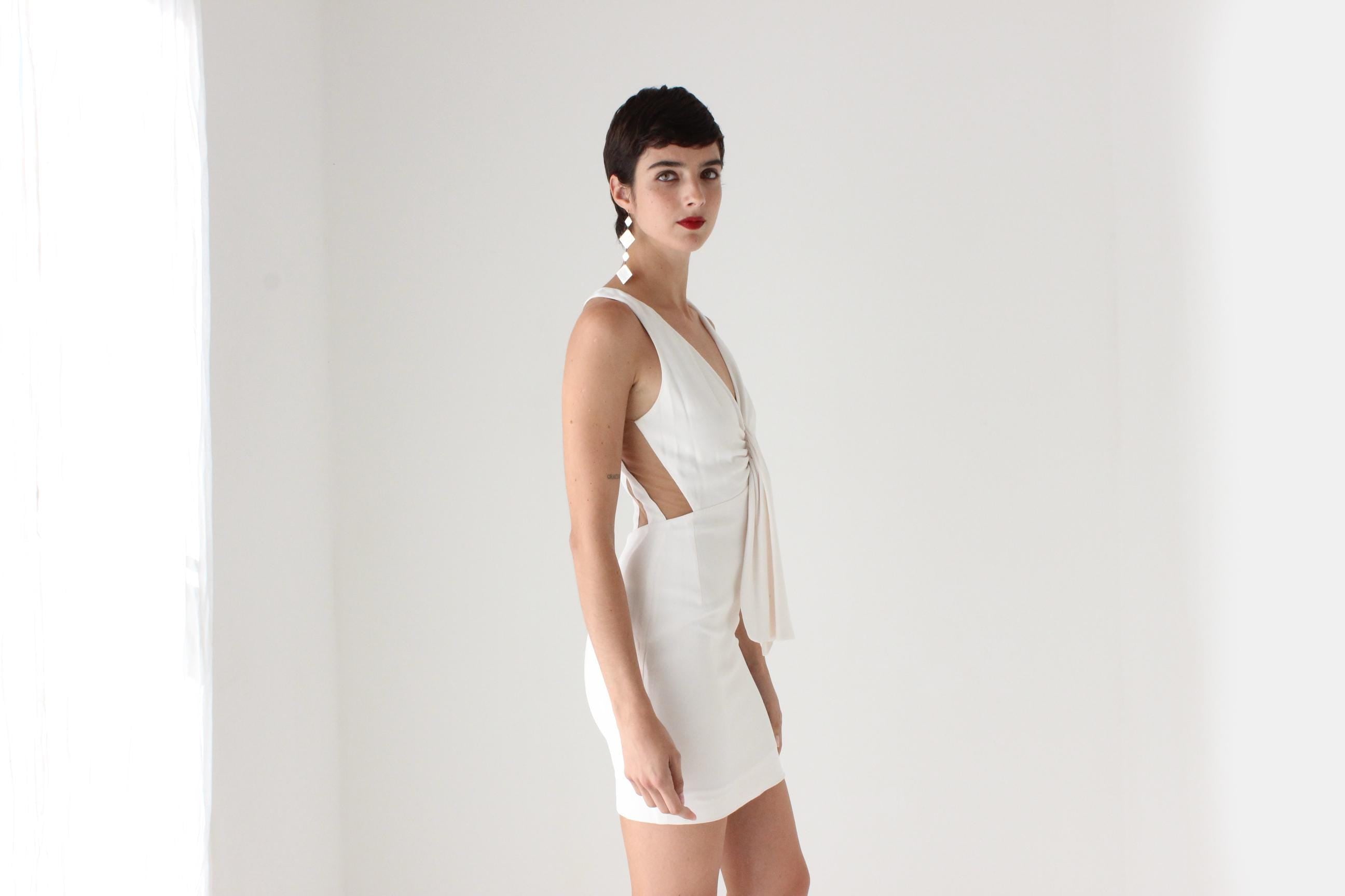 2000s BLUMARINE Italy Silk & Mesh Nude Stripe Plunge Neck Sexy Mini
