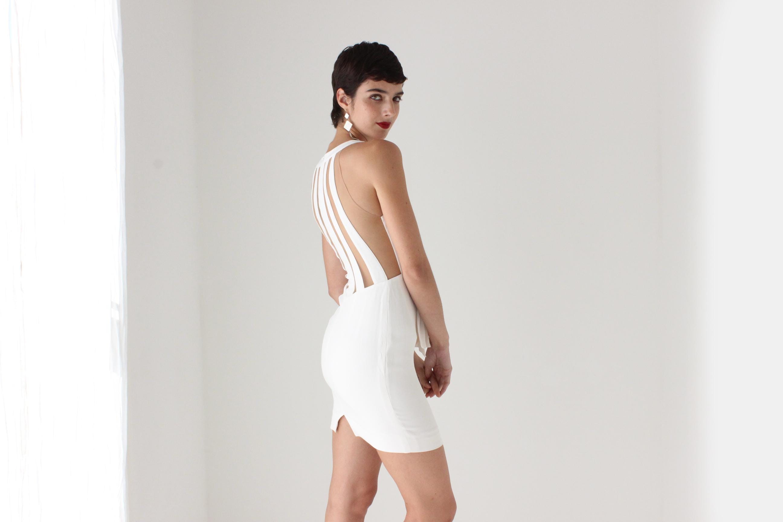 2000s BLUMARINE Italy Silk & Mesh Nude Stripe Plunge Neck Sexy Mini