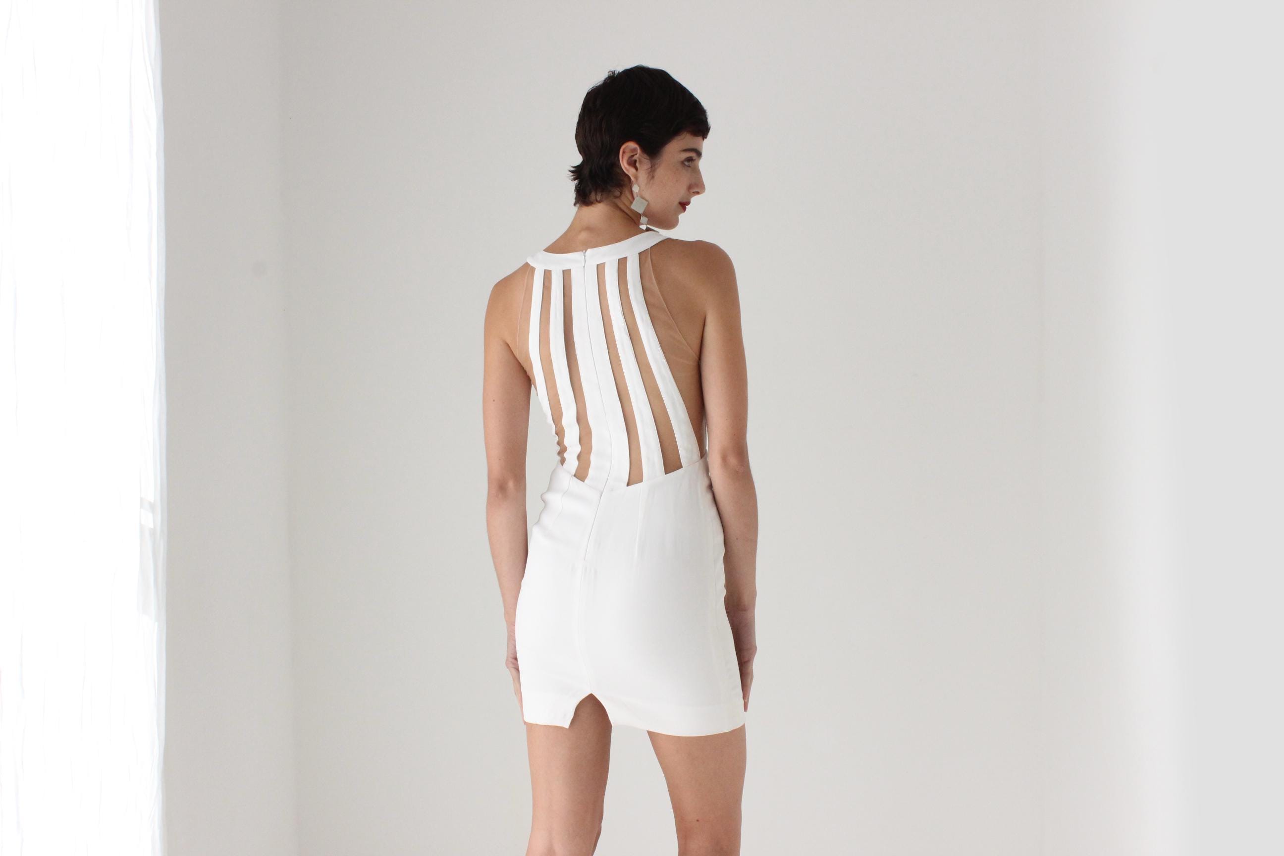 2000s BLUMARINE Italy Silk & Mesh Nude Stripe Plunge Neck Sexy Mini