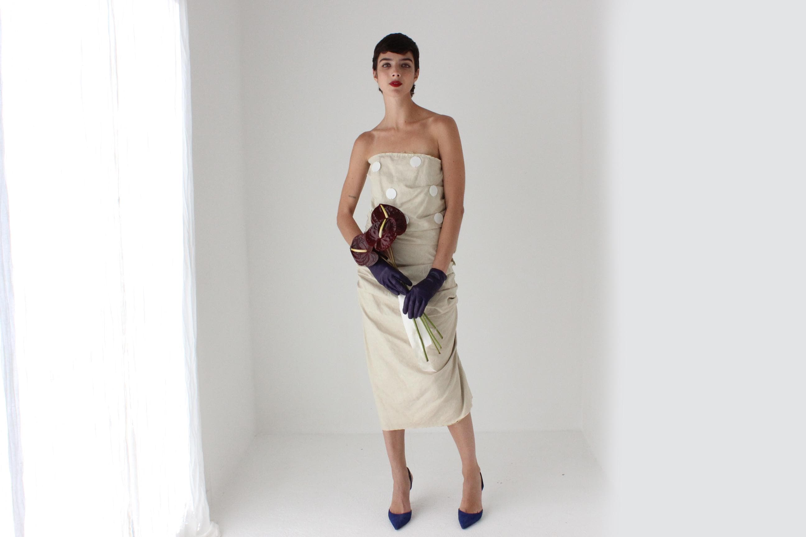 2009 LANVIN Paris Textural Linen Anti-Bride Wedding Dress w/ Pailettes