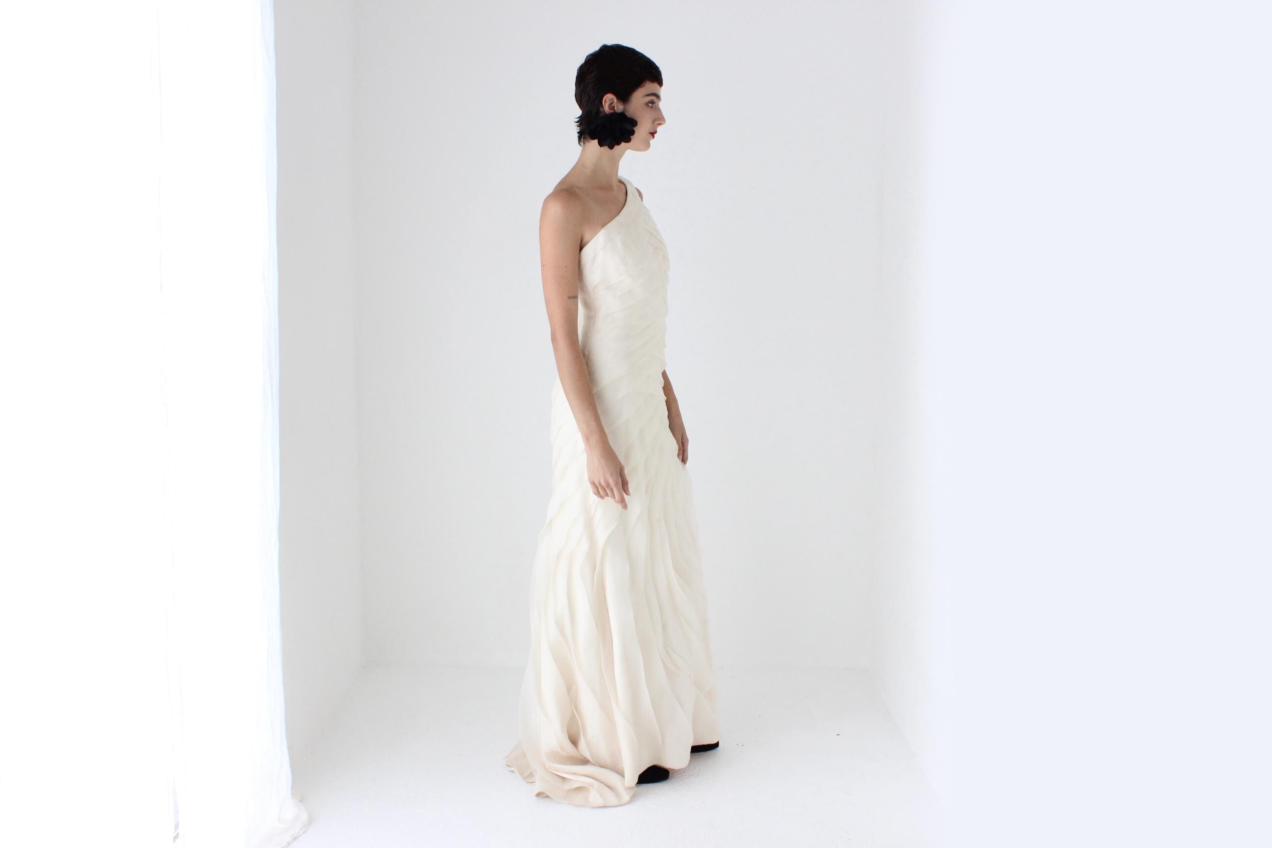 RESERVED — 2000s Textural Pastel Silk Organza Asymmetric One Shoulder Gown