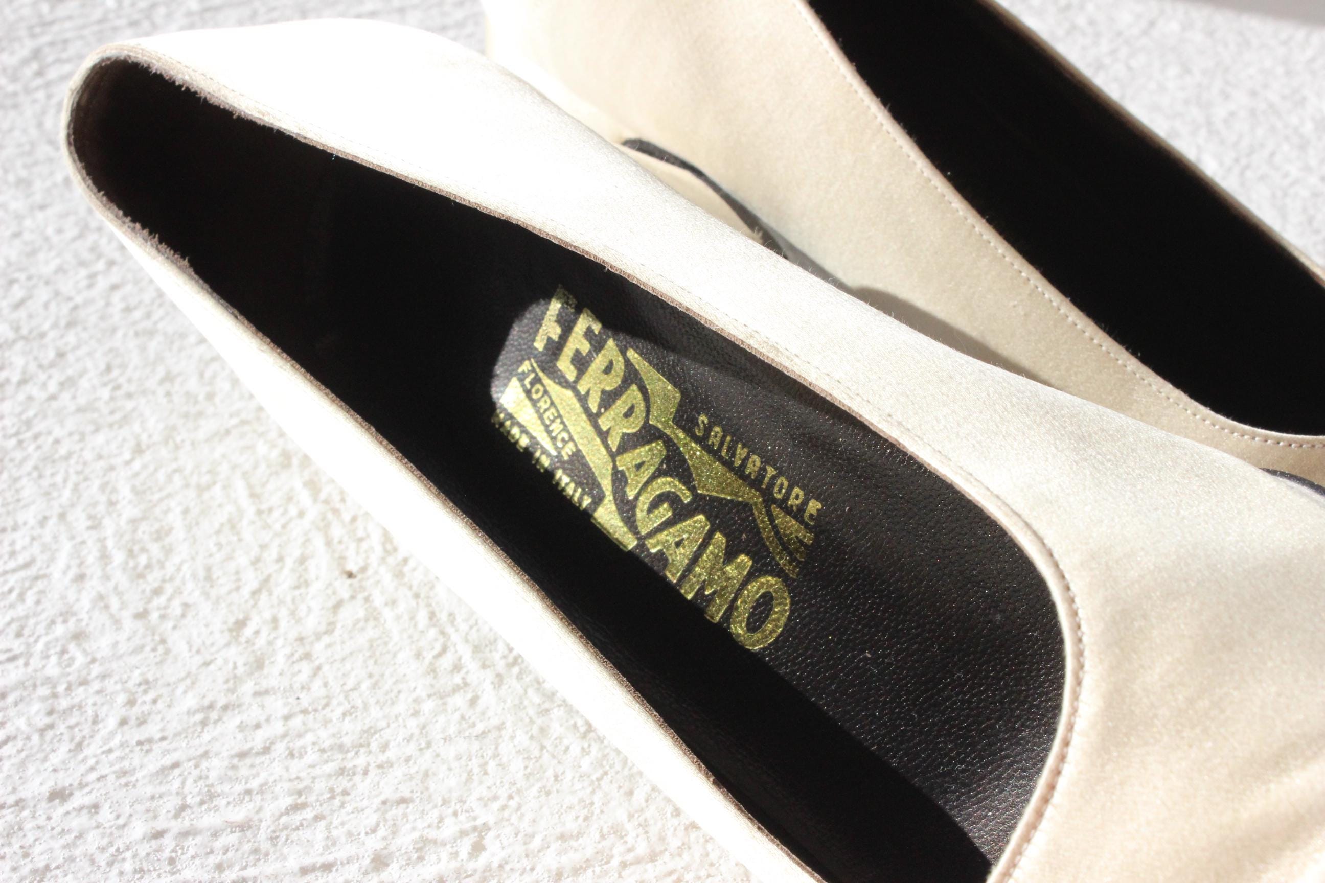 80s Salvatore Ferragamo Bone Satin Low Heel Shoes - Euro 39.5