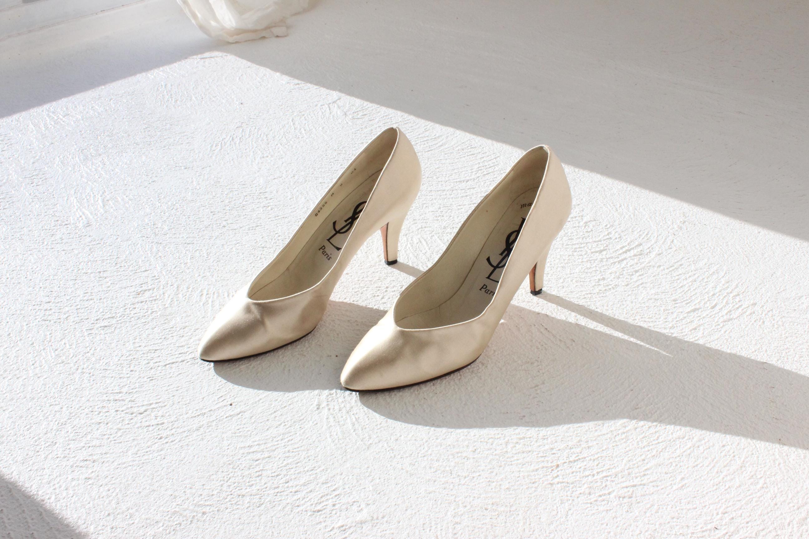 80s Yves Saint Laurent Cream Satin Bridal Pumps - Euro 39