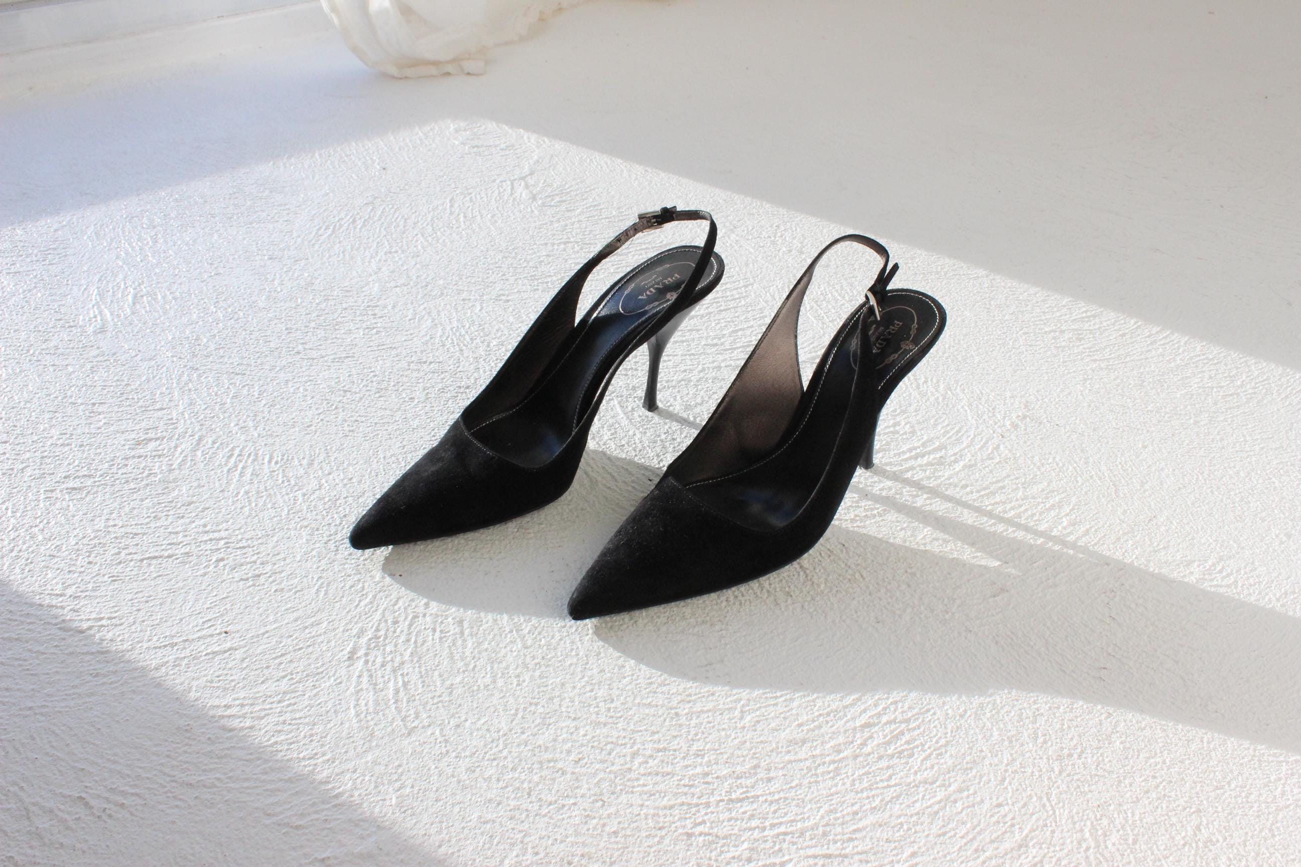 2008 Prada 'Crucial II' Black Suede Pointed Toe Slingback Heels ~ Euro 39