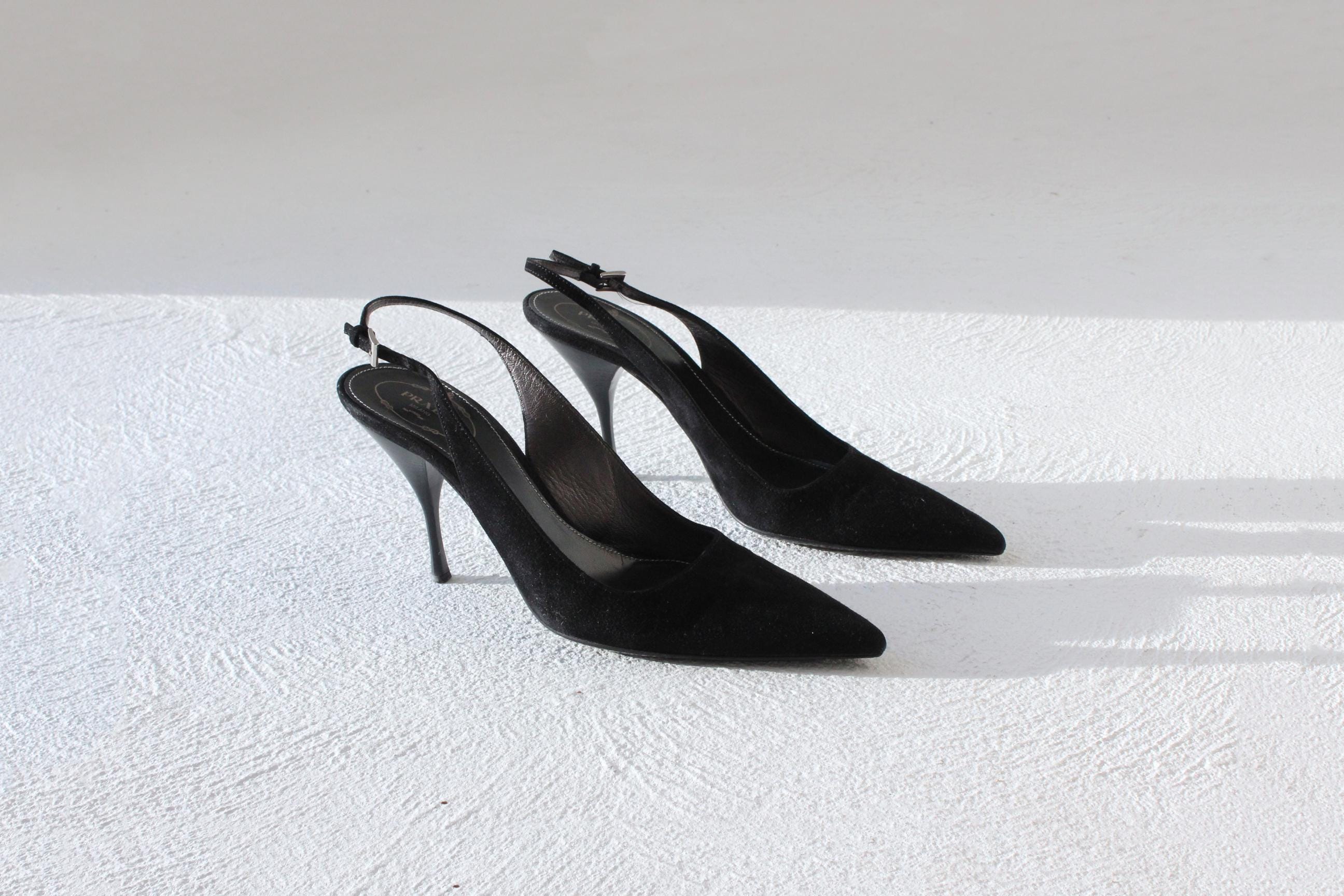 2008 Prada 'Crucial II' Black Suede Pointed Toe Slingback Heels ~ Euro 39