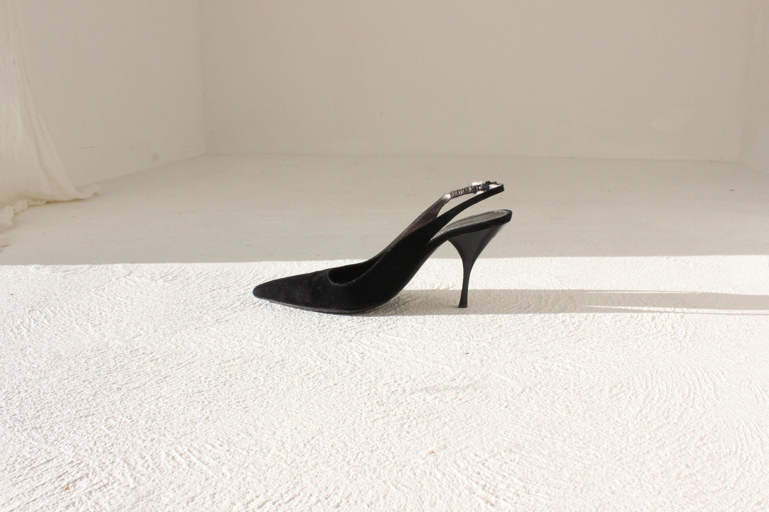 2008 Prada 'Crucial II' Black Suede Pointed Toe Slingback Heels ~ Euro 39