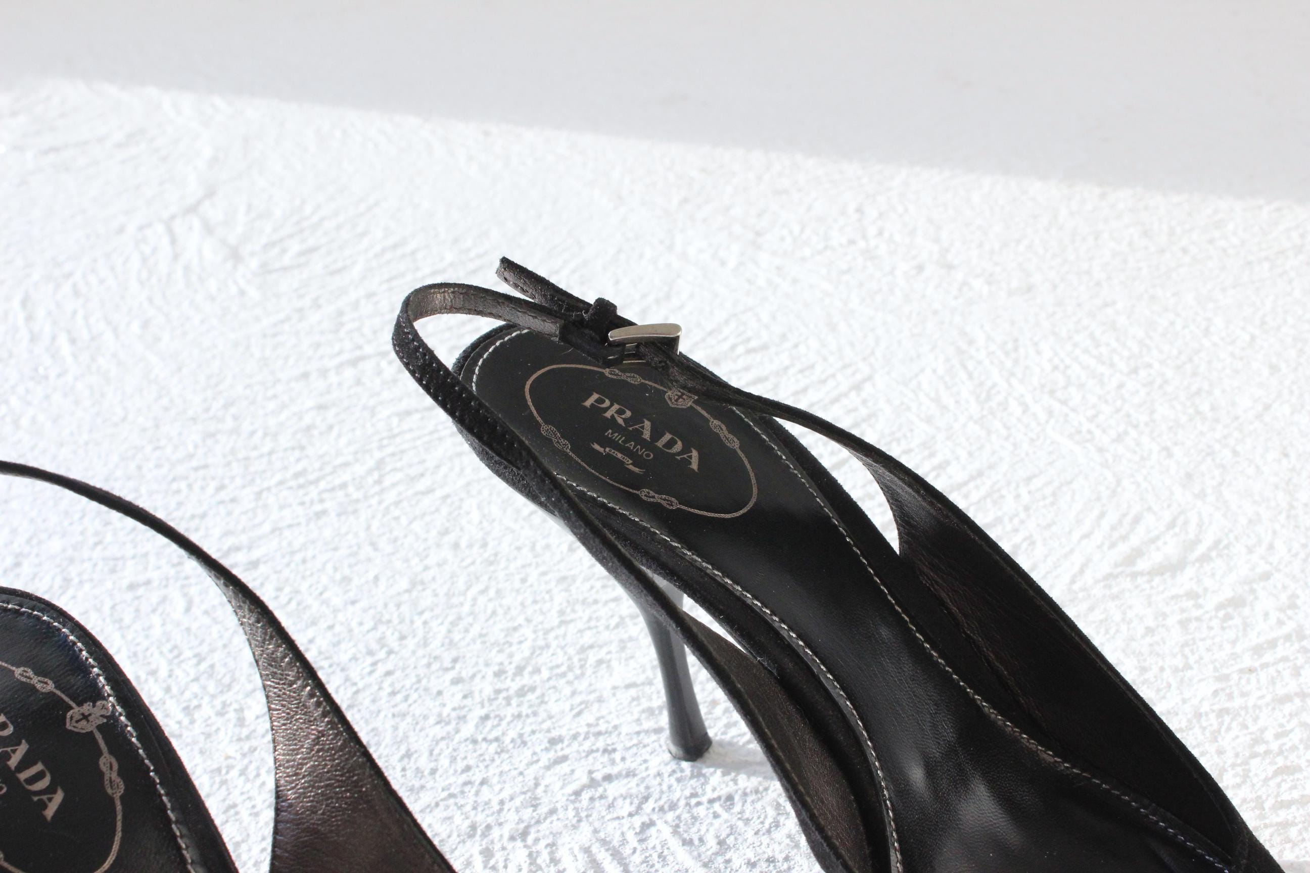 2008 Prada 'Crucial II' Black Suede Pointed Toe Slingback Heels ~ Euro 39