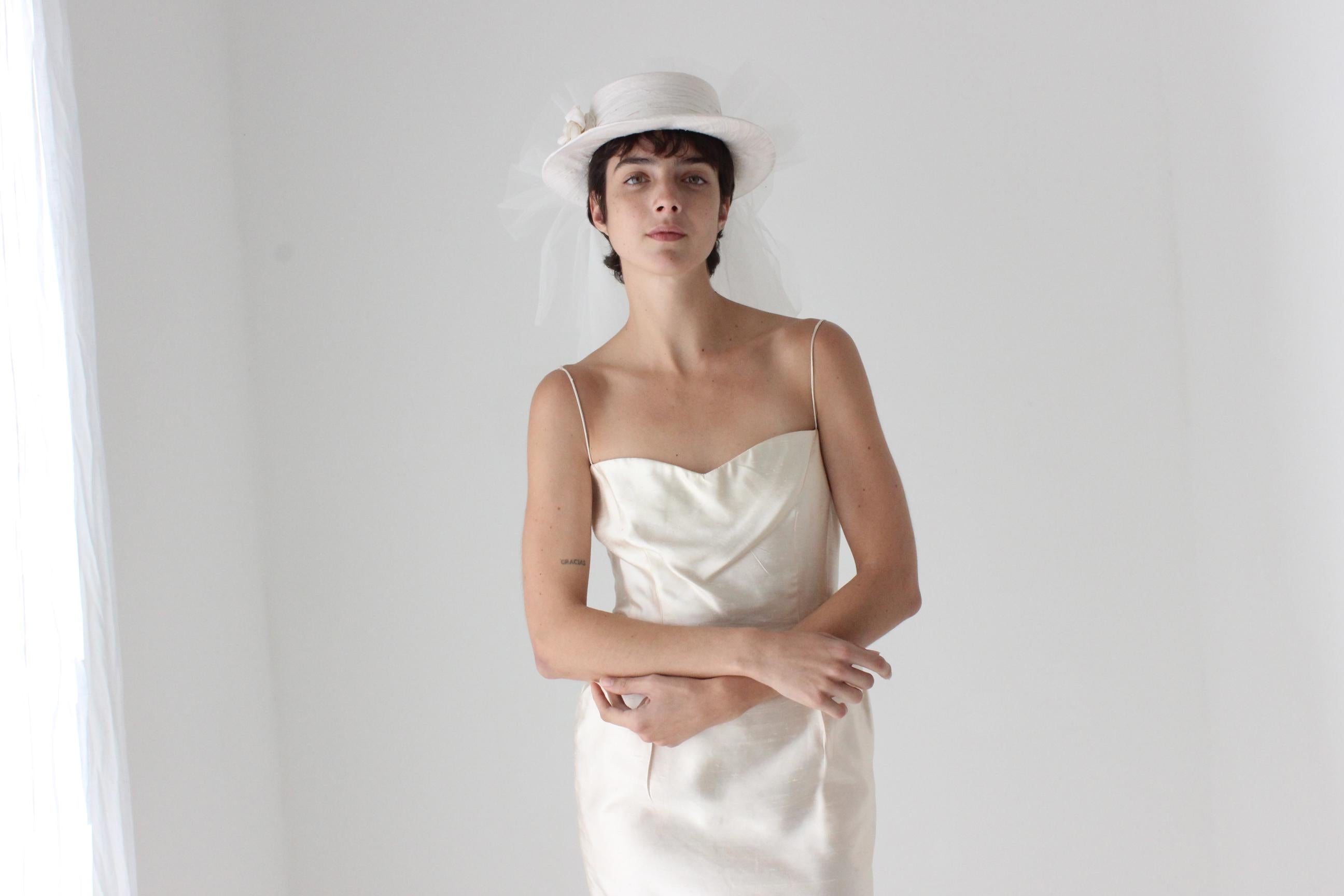 80s Silk Bridal Hat w/ Tulle Veil by Cupid's Millinery