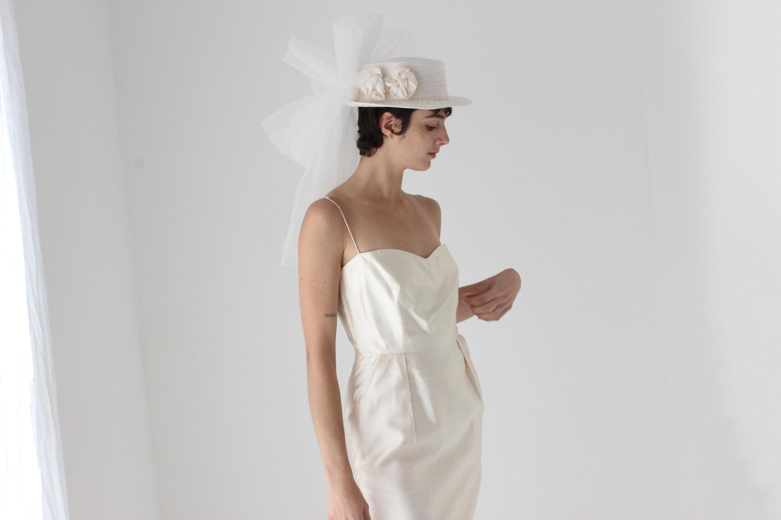 80s Silk Bridal Hat w/ Tulle Veil by Cupid's Millinery