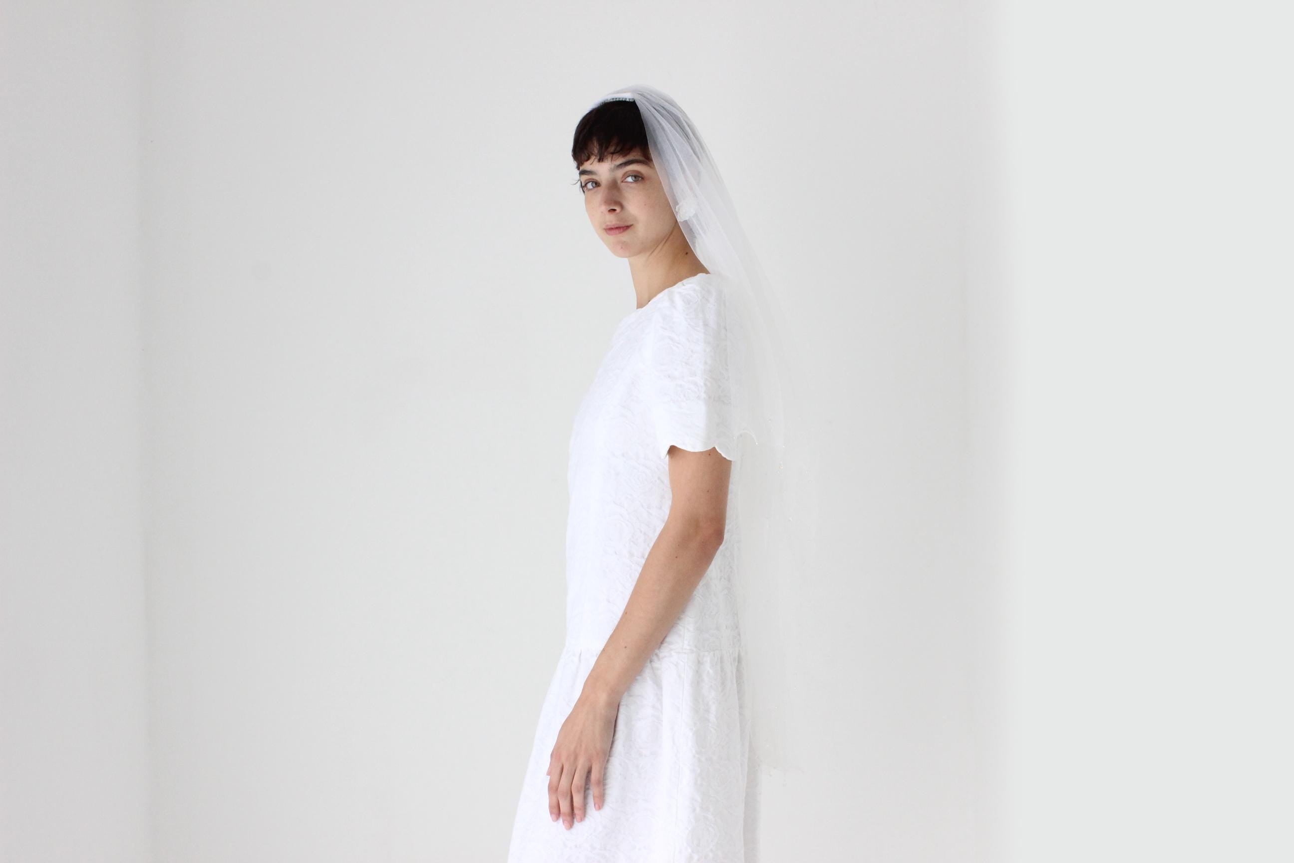 White Tulle Veil w/ Beads & Pearls