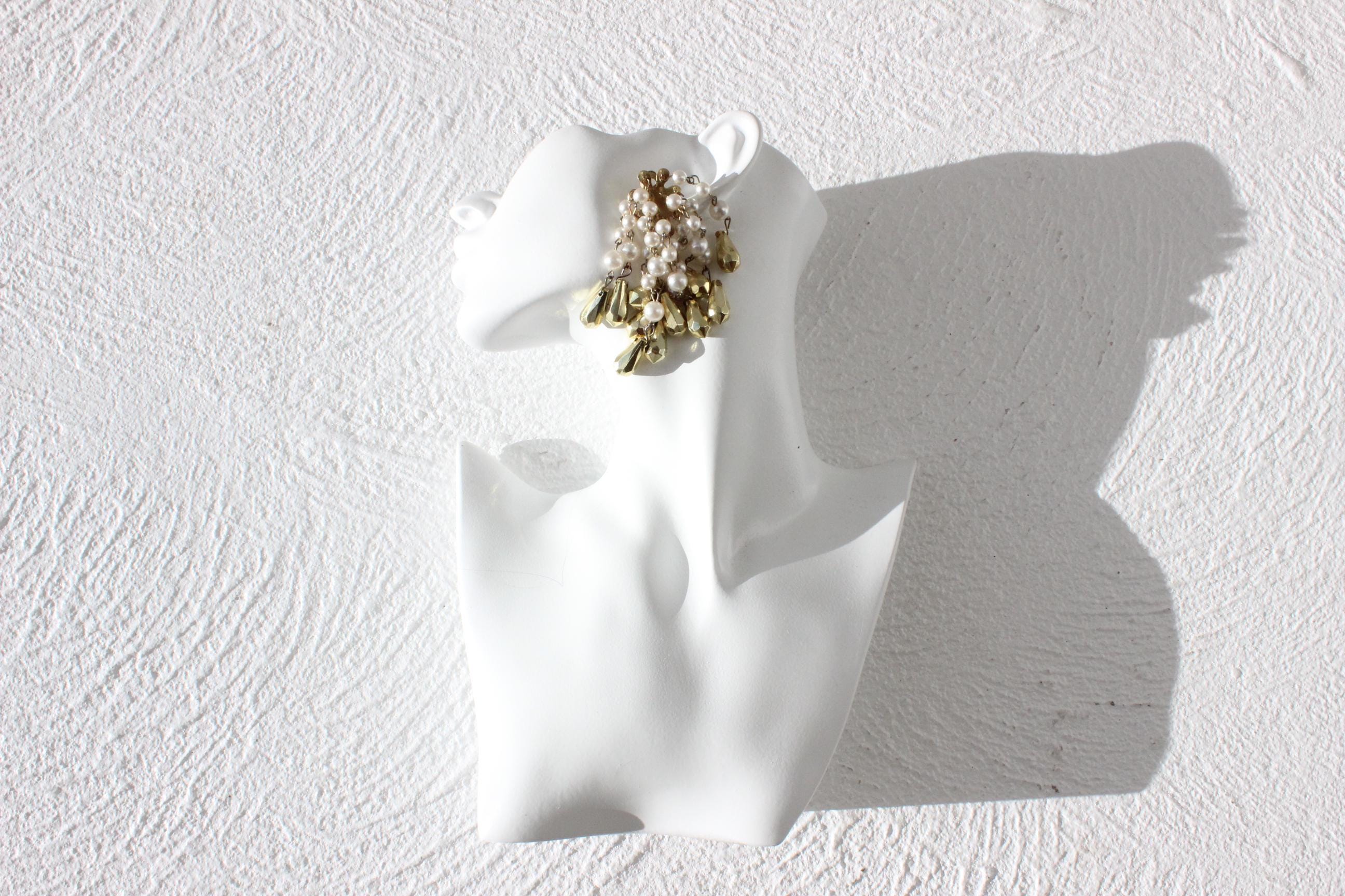 80s Glam Pearl & Gold Bead Chandelier Cocktail Earrings