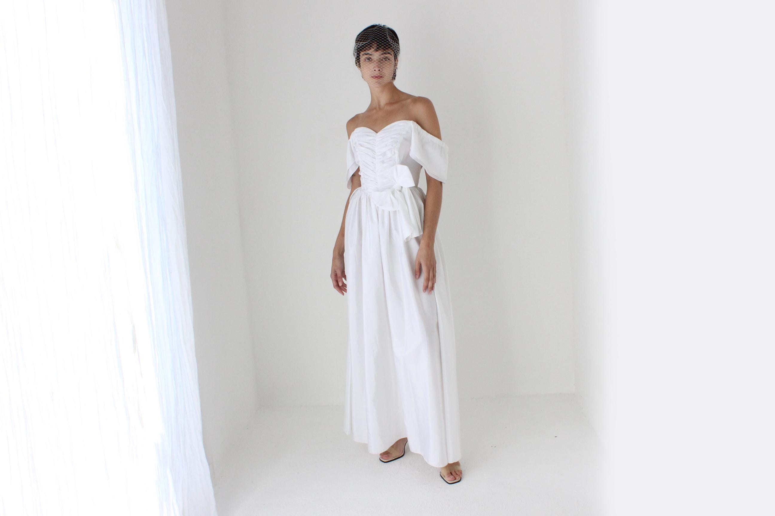 80s Taffeta Off Shoulder OR Flutter Sleeve Gown