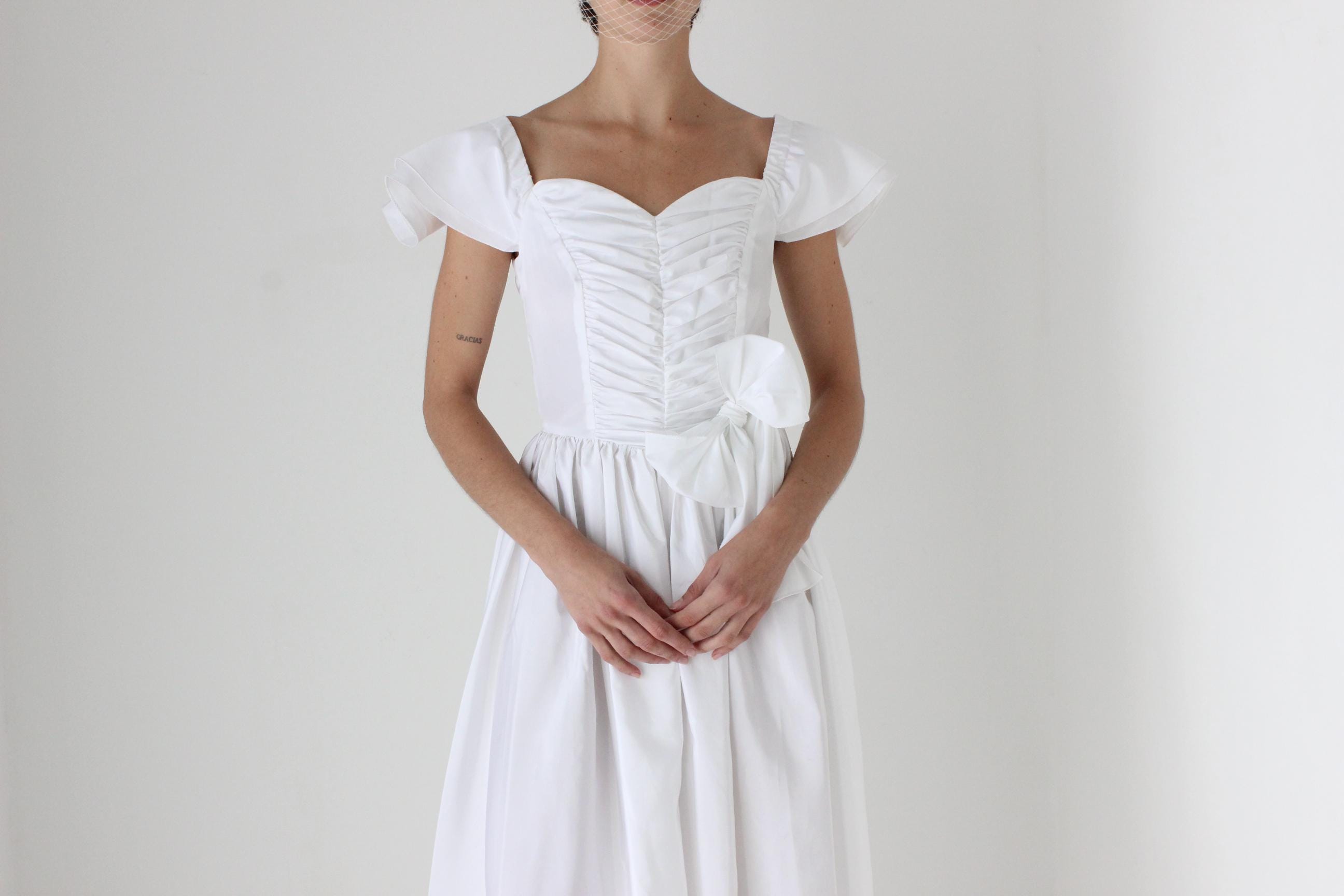 80s Taffeta Off Shoulder OR Flutter Sleeve Gown