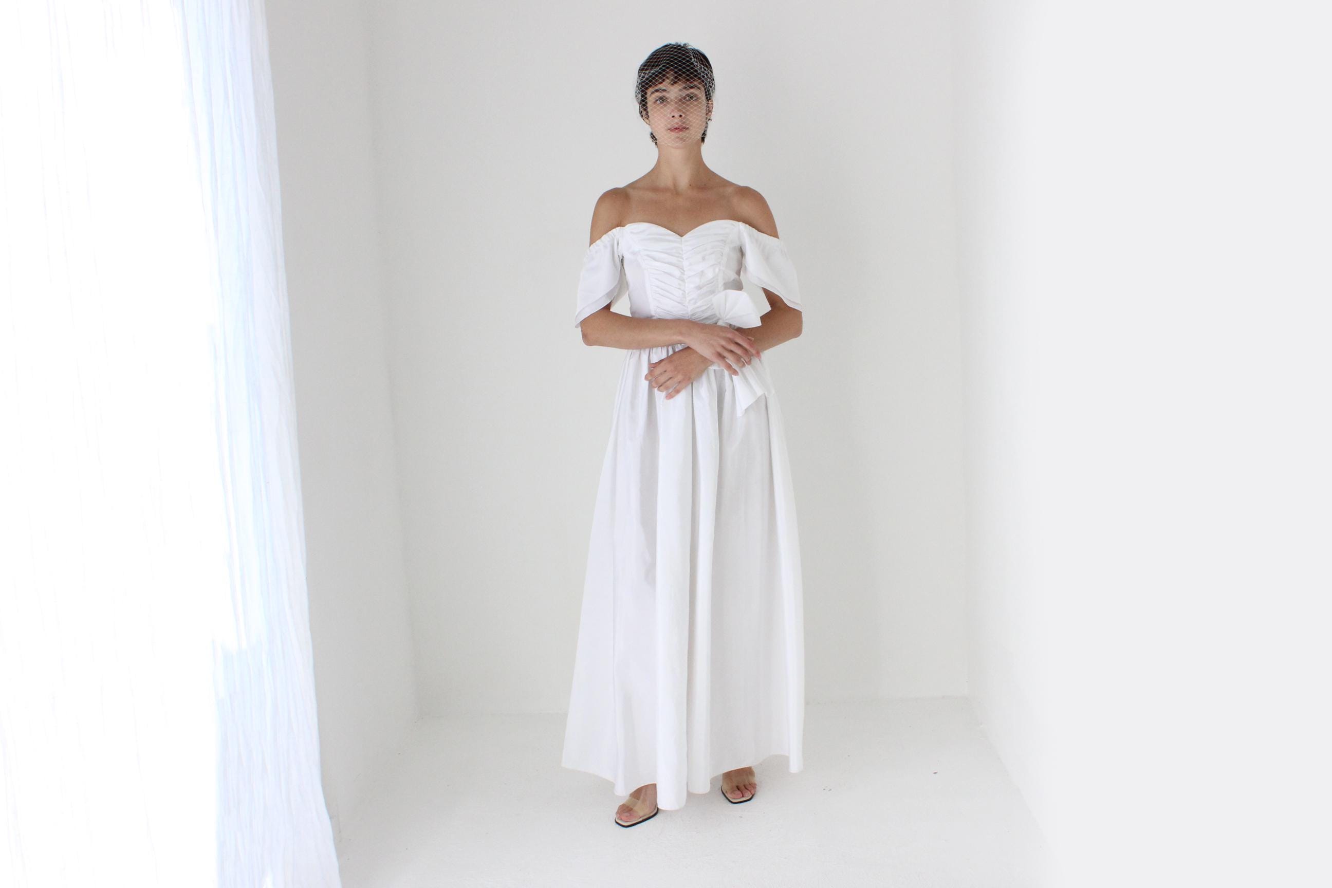 80s Taffeta Off Shoulder OR Flutter Sleeve Gown